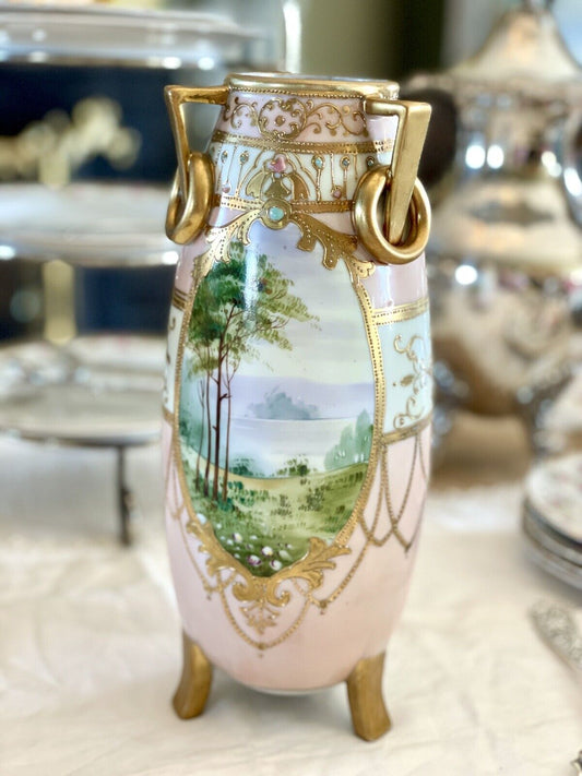 Antique Noritake Nippon Morimura Bros. Pink Gold Moriage Vase 10” ESTATE QUALITY