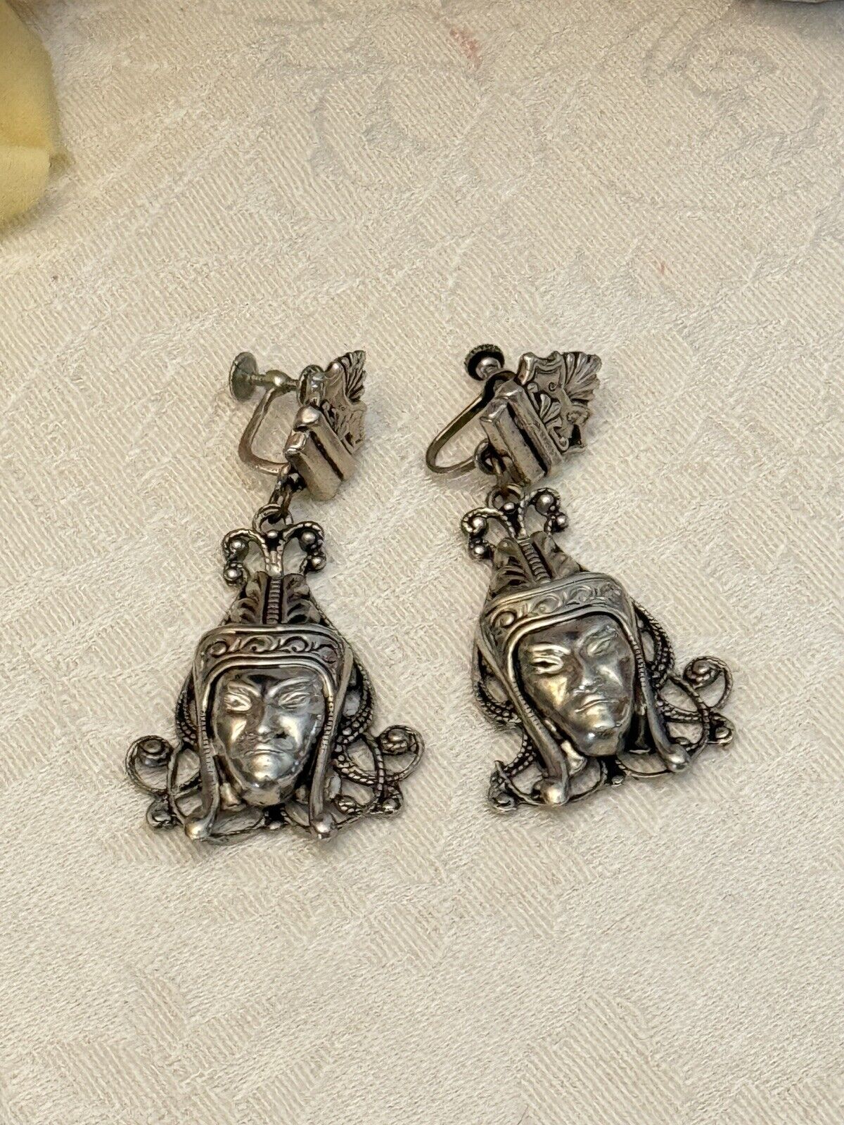 Silver Tone Ethnic Face Dangler Earrings VINTAGE Screw Back