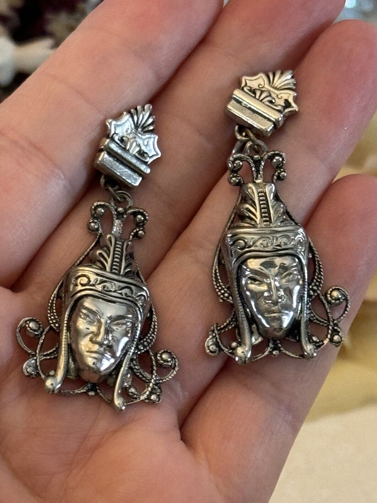 Silver Tone Ethnic Face Dangler Earrings VINTAGE Screw Back