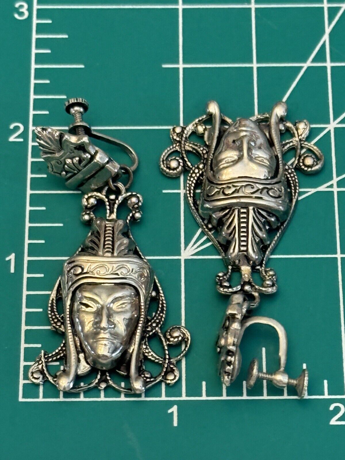 Silver Tone Ethnic Face Dangler Earrings VINTAGE Screw Back