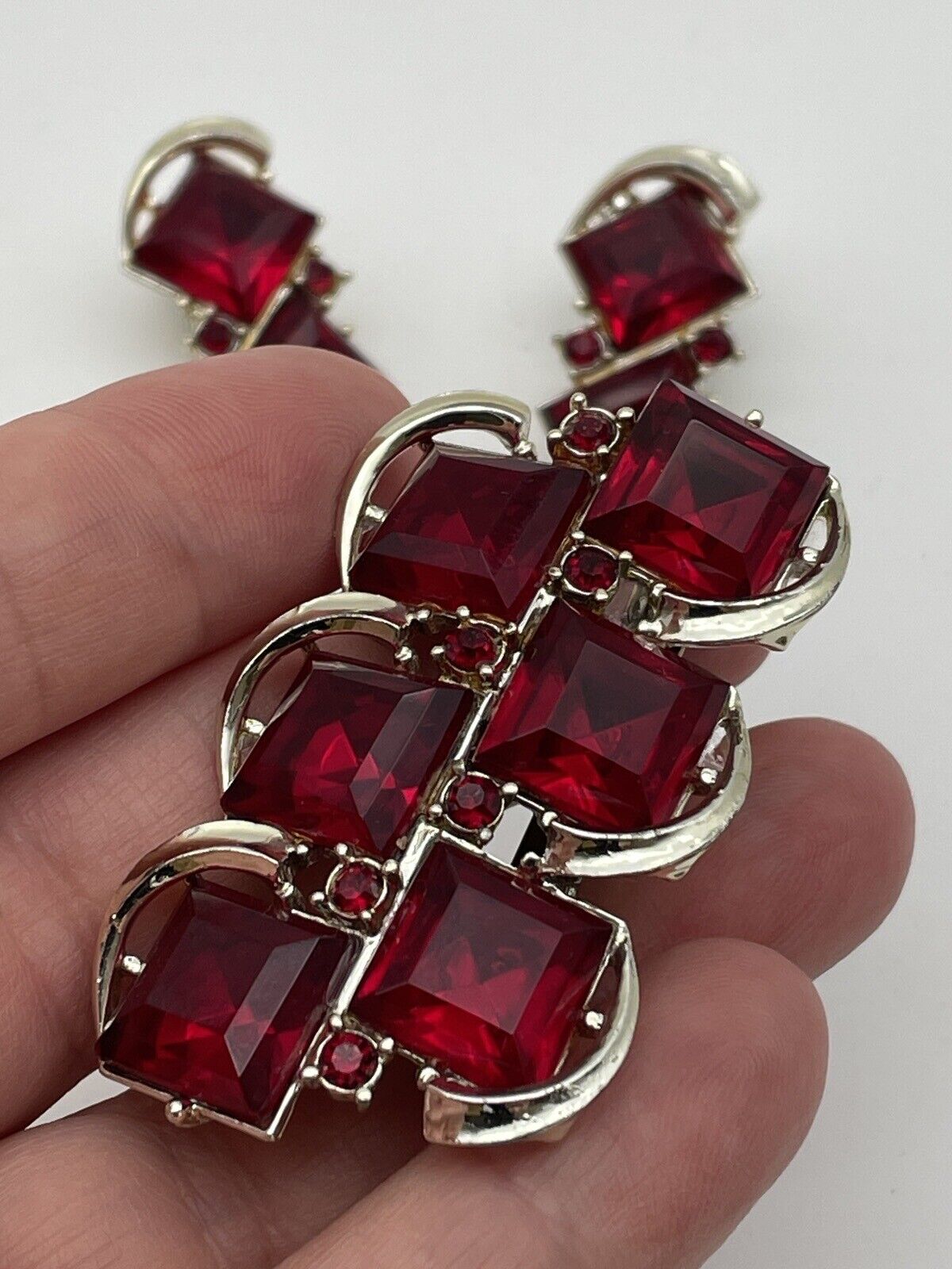 Vintage Red Rhinestone Brooch And Clip On Earring Set ESTATE FIND