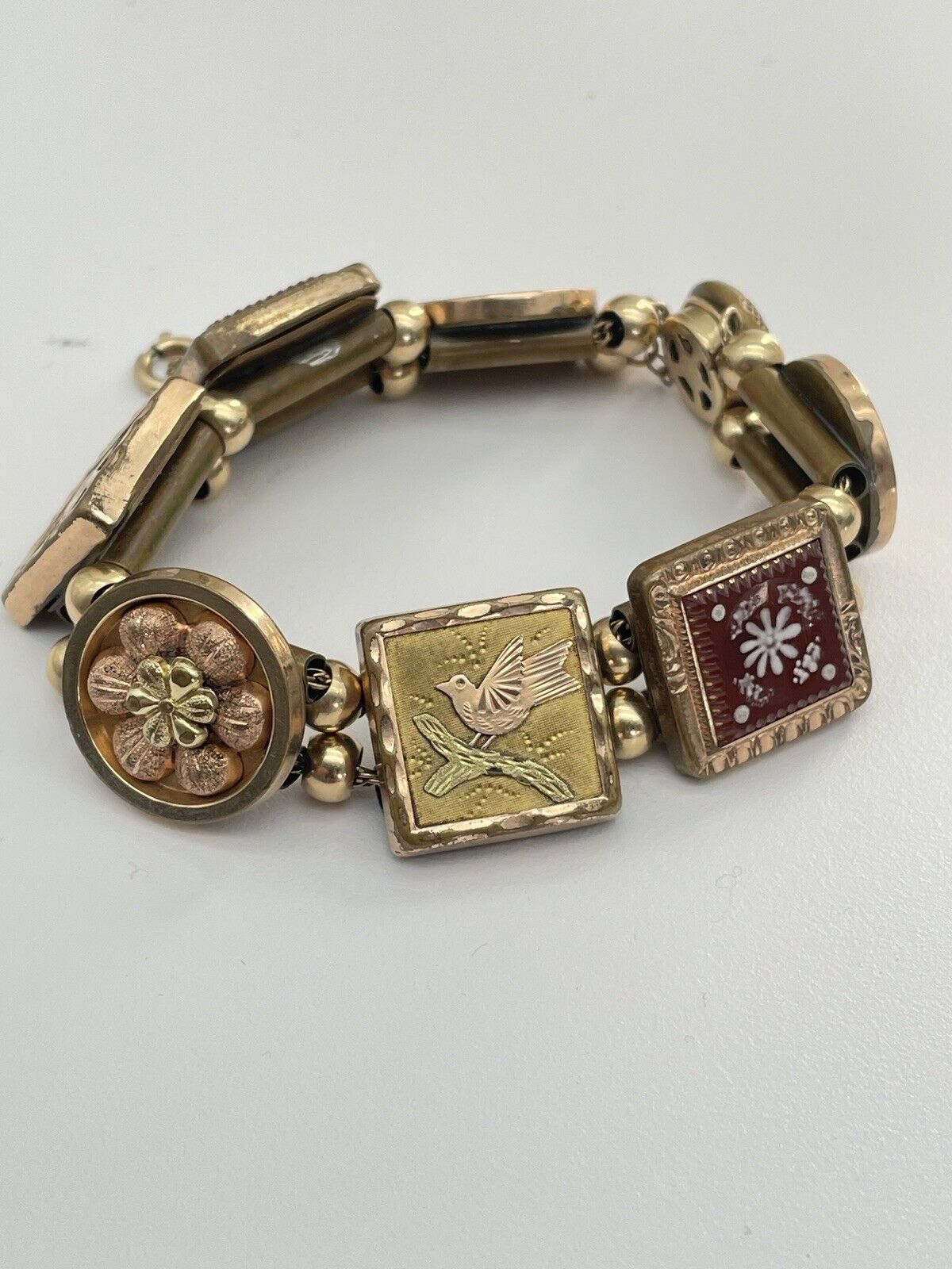 Victorian Slider Bracelet Cuff Button Gold Filled Birds Flowers 7.5” RARE