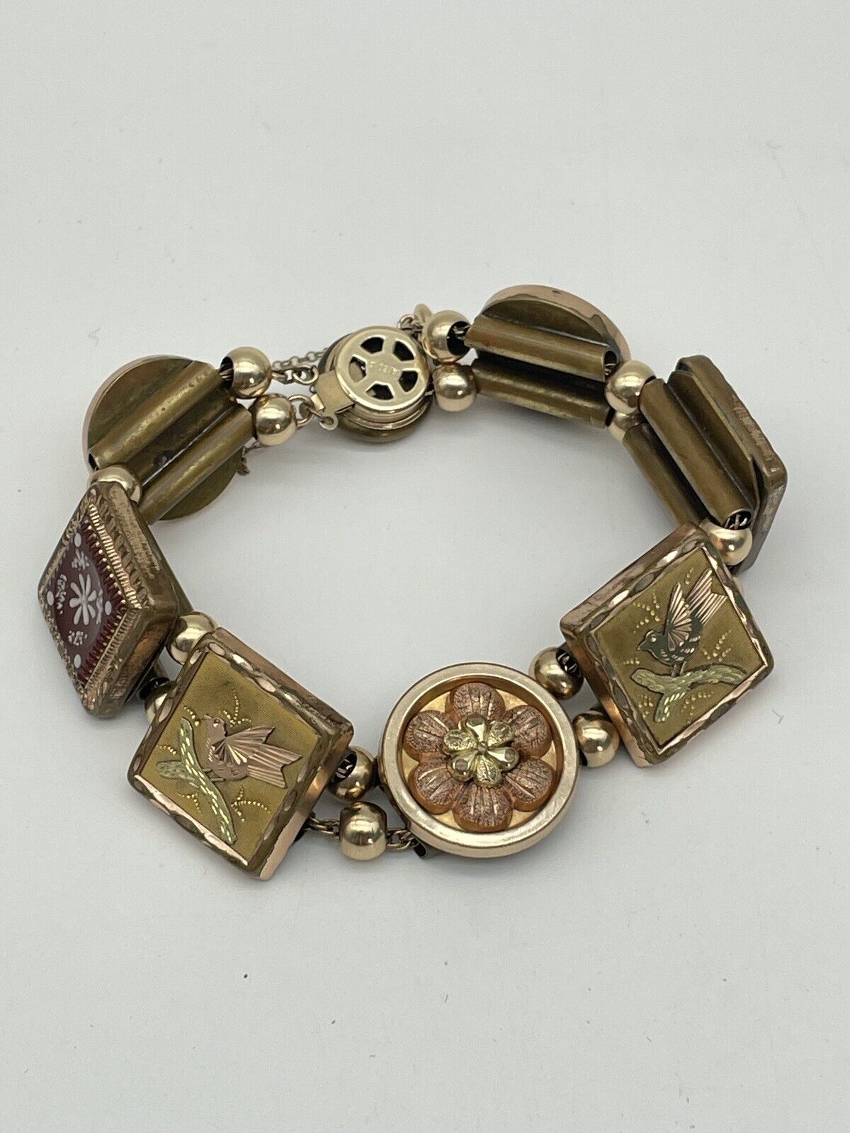 Victorian Slider Bracelet Cuff Button Gold Filled Birds Flowers 7.5” RARE