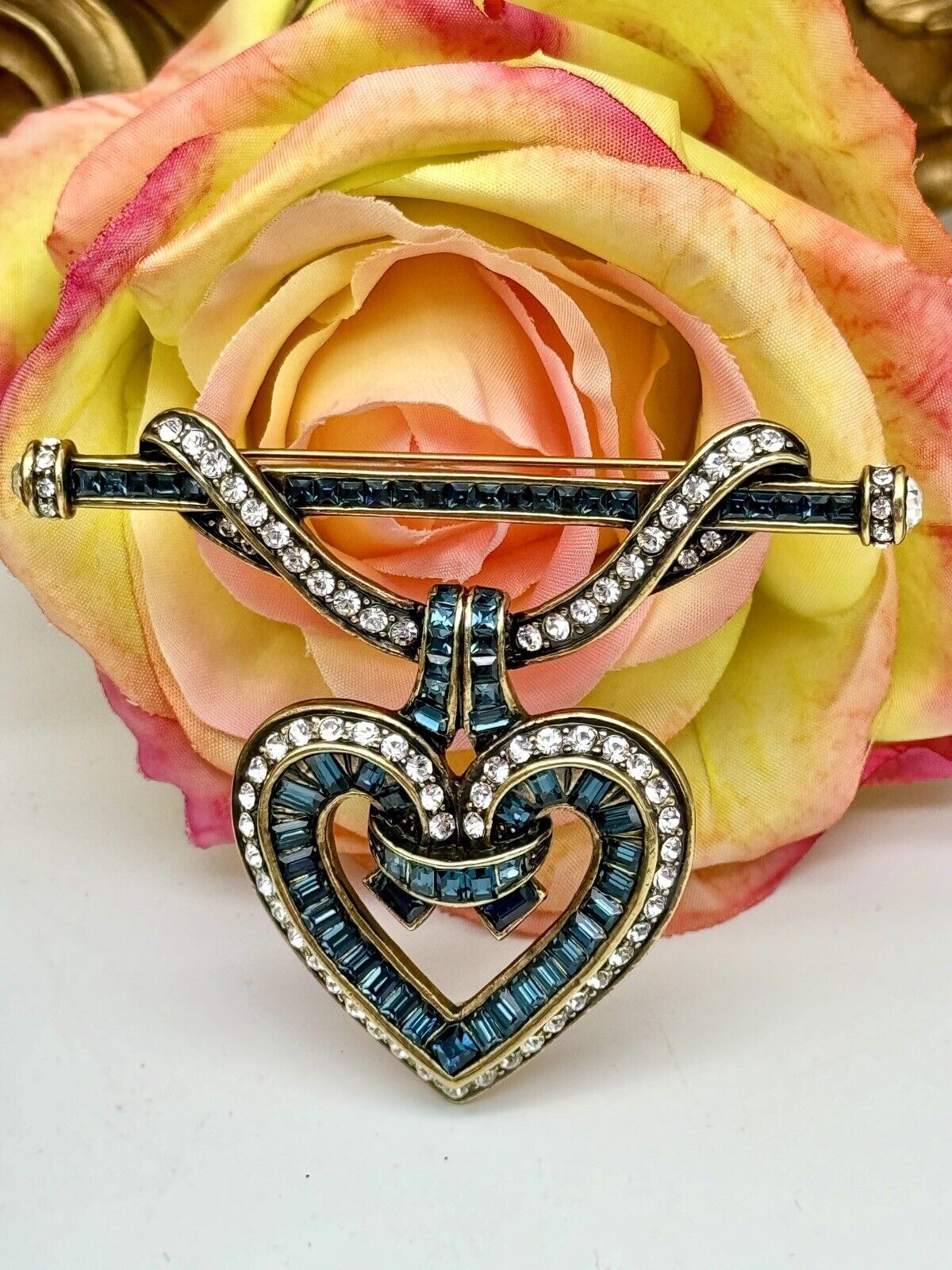 HEIDI DAUS Would You Be Mine Blue Baguette Crystal Heart Pin Brooch