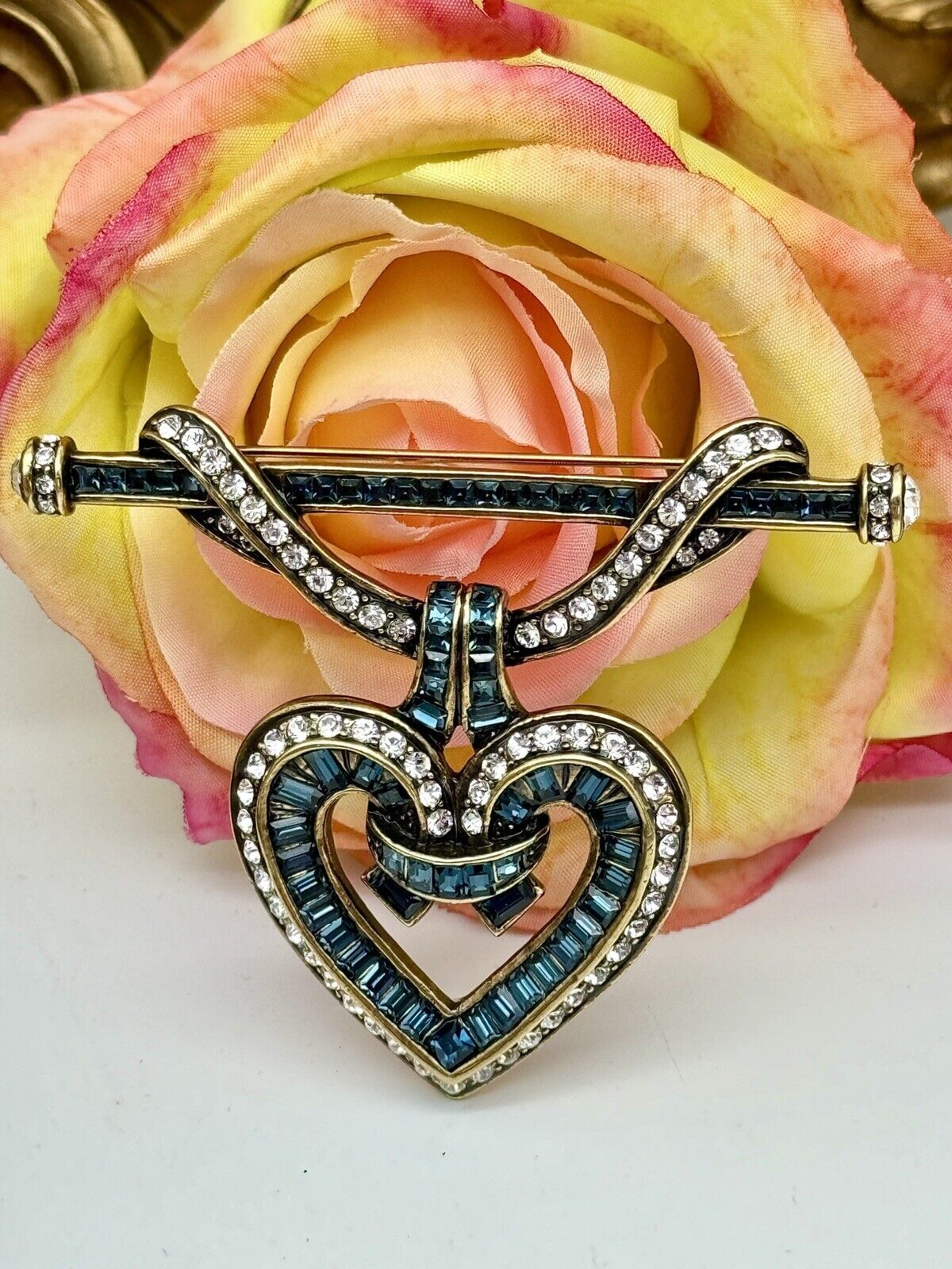 HEIDI DAUS Would You Be Mine Blue Baguette Crystal Heart Pin Brooch