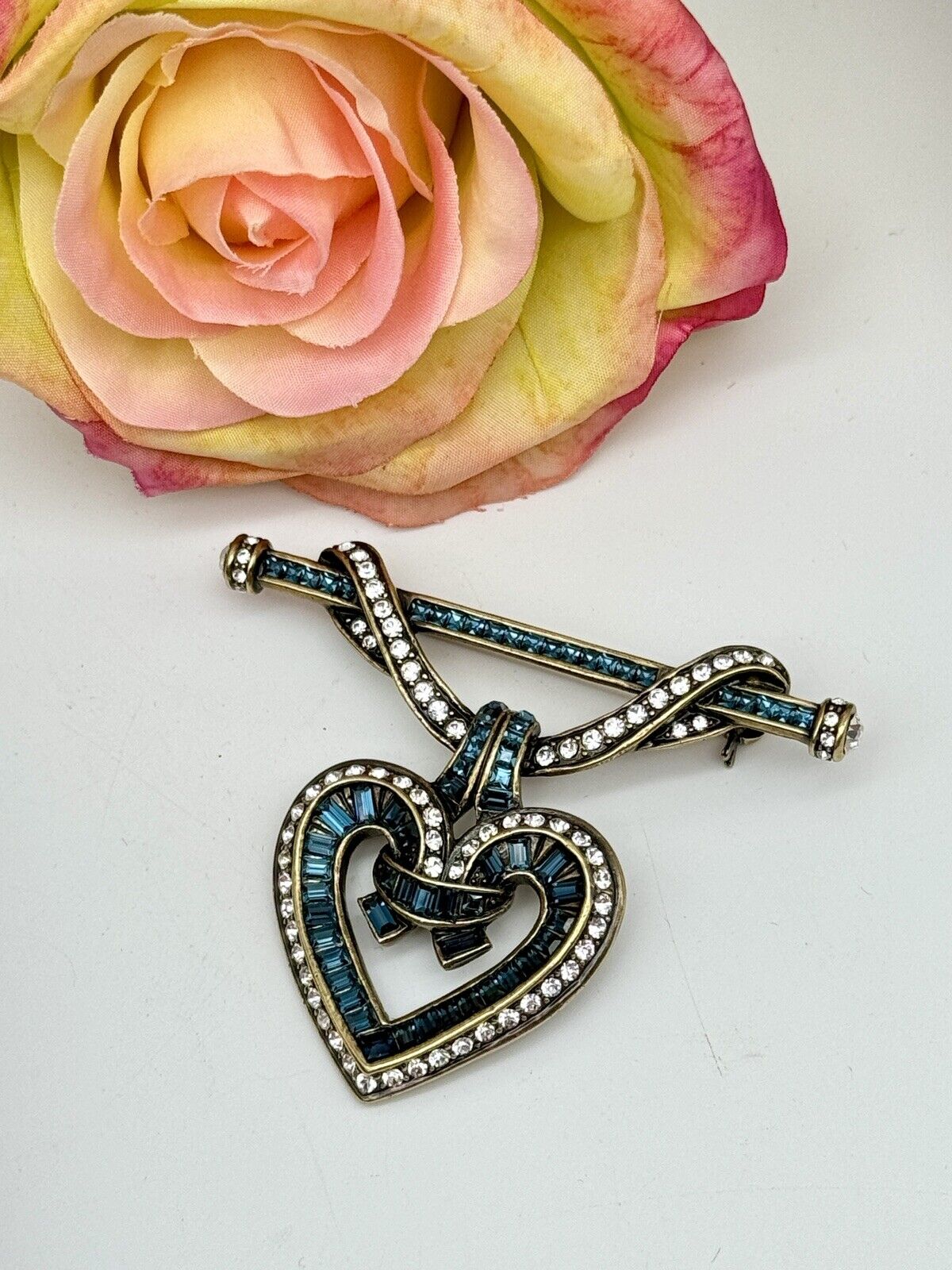 HEIDI DAUS Would You Be Mine Blue Baguette Crystal Heart Pin Brooch