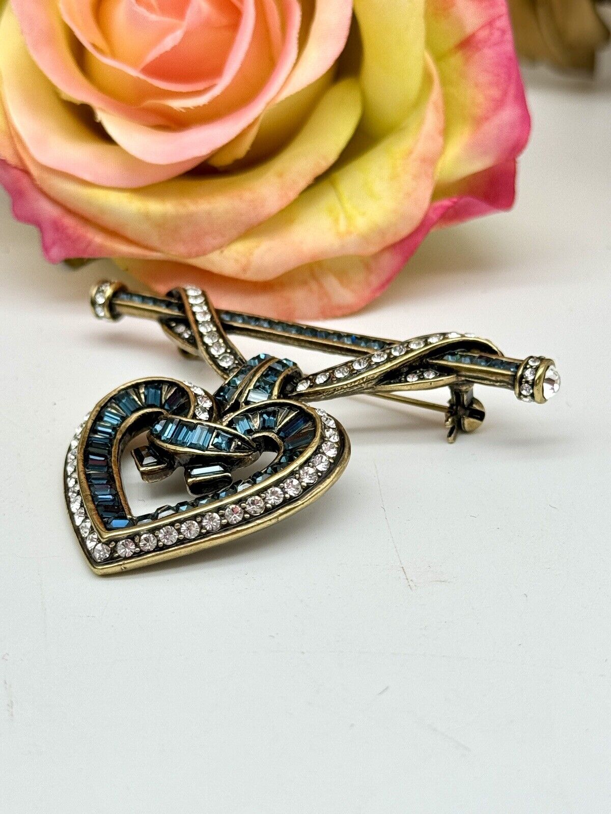 HEIDI DAUS Would You Be Mine Blue Baguette Crystal Heart Pin Brooch