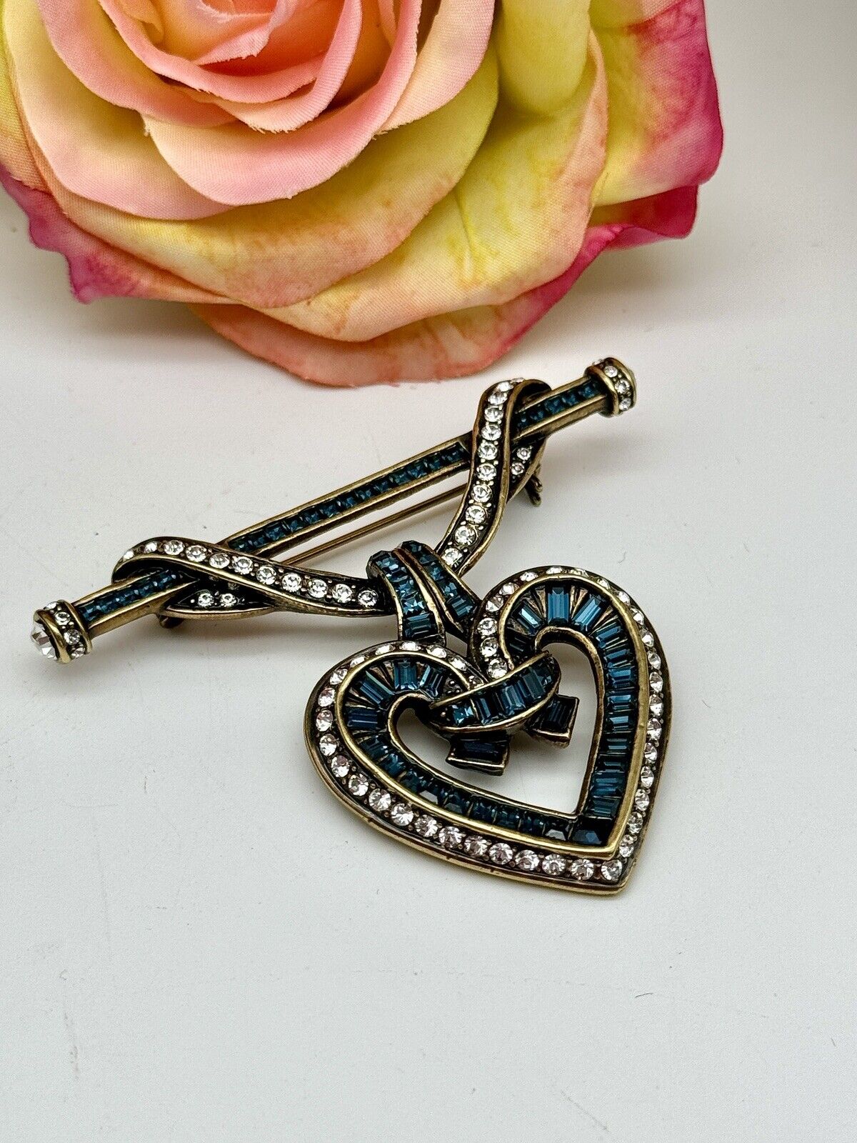 HEIDI DAUS Would You Be Mine Blue Baguette Crystal Heart Pin Brooch