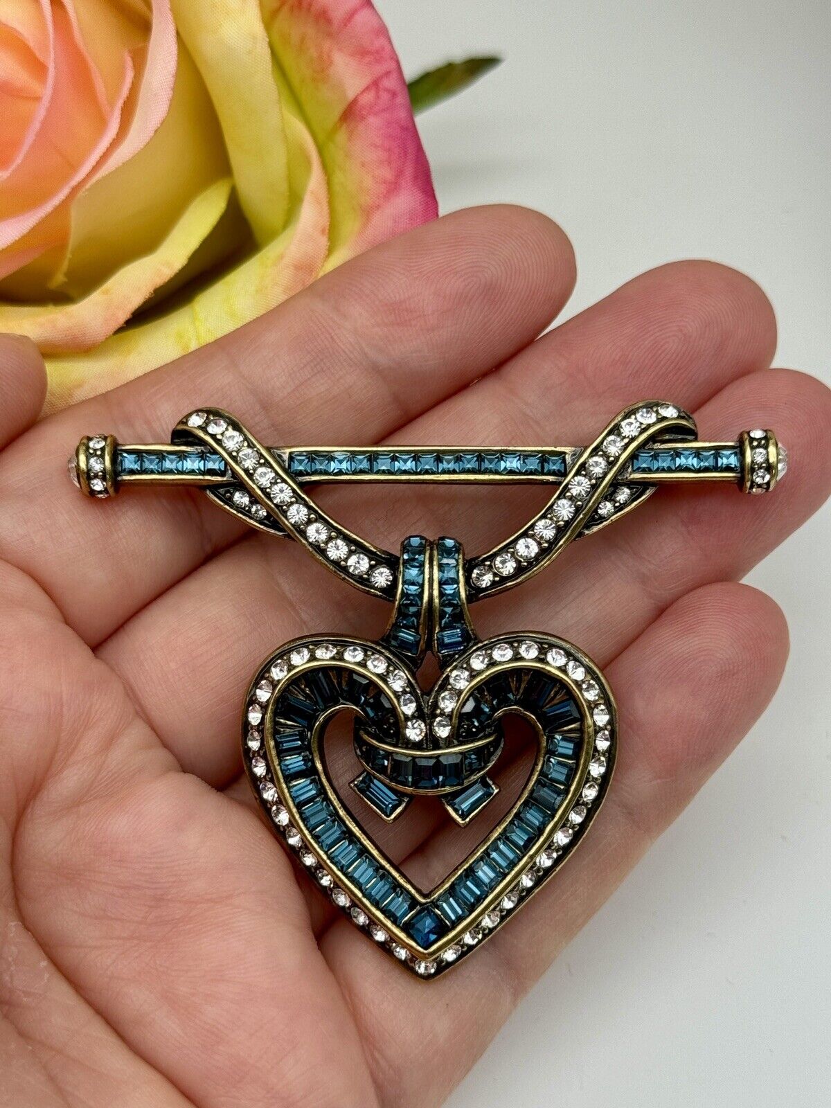 HEIDI DAUS Would You Be Mine Blue Baguette Crystal Heart Pin Brooch