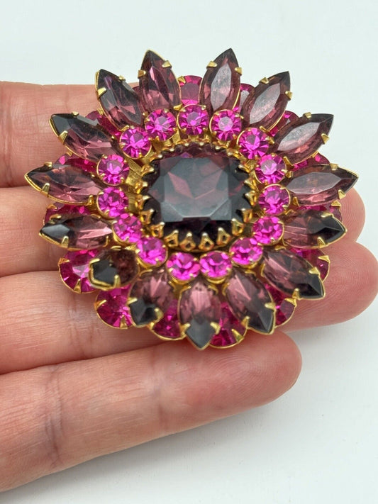 VINTAGE Judy Lee Brooch Rhinestone Mauve Purple Pink Layered Flower Gold Tone