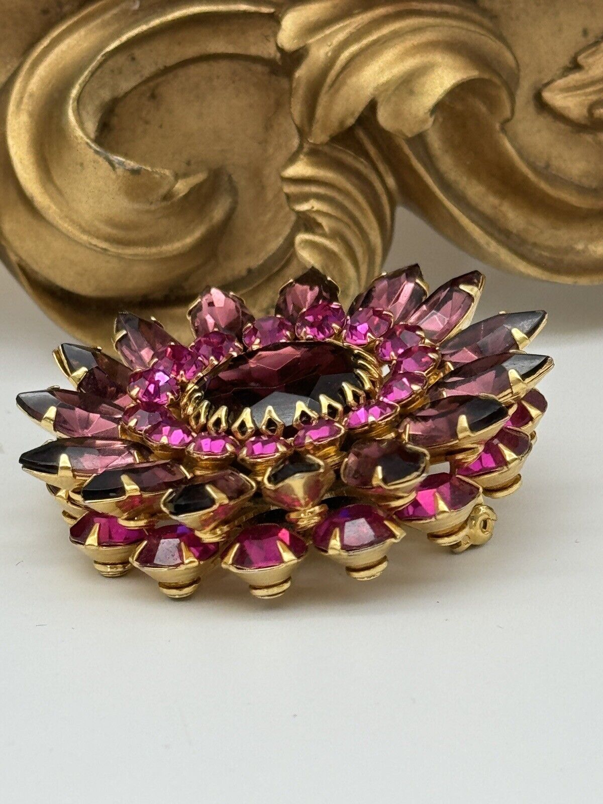 VINTAGE Judy Lee Brooch Rhinestone Mauve Purple Pink Layered Flower Gold Tone