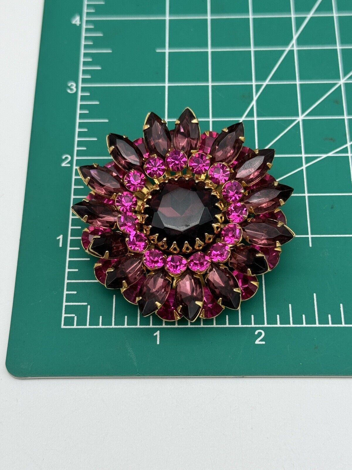 VINTAGE Judy Lee Brooch Rhinestone Mauve Purple Pink Layered Flower Gold Tone