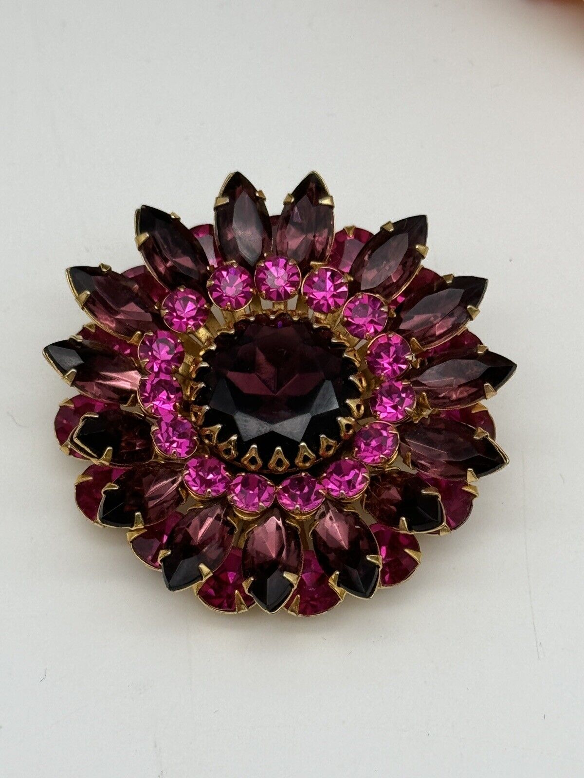 VINTAGE Judy Lee Brooch Rhinestone Mauve Purple Pink Layered Flower Gold Tone