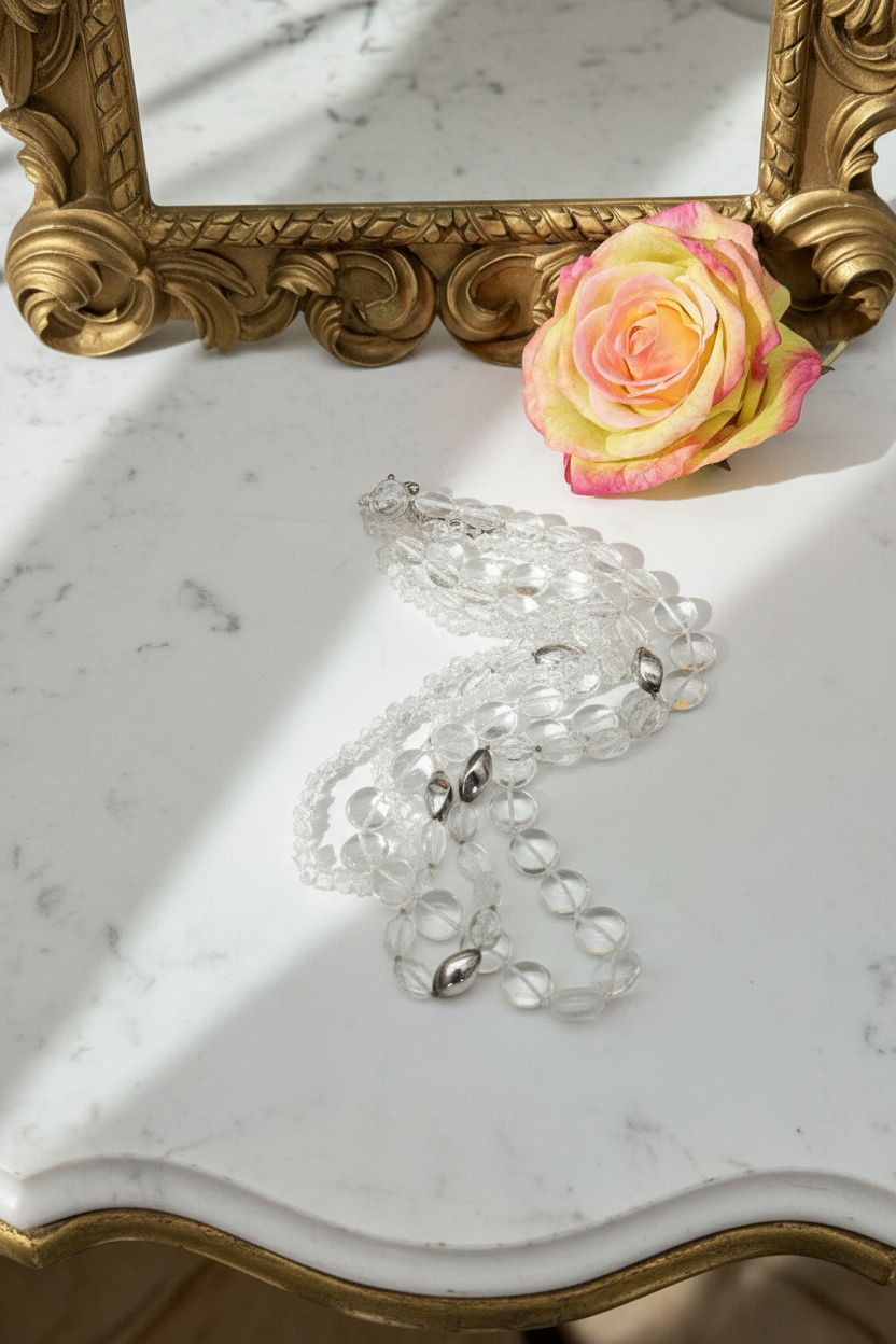 VINTAGE 3 Strand Clear Glass Pool Of Light STYLE  Silvertone Accent Beads 18” + 2”