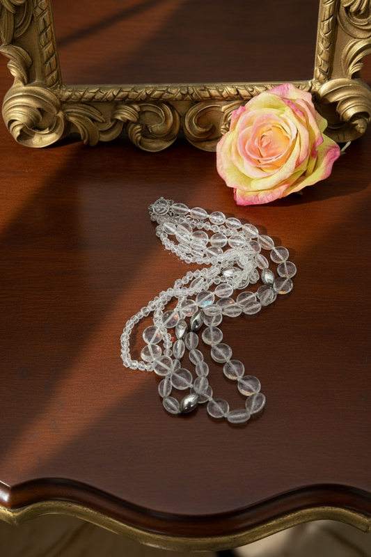 VINTAGE 3 Strand Clear Glass Pool Of Light STYLE  Silvertone Accent Beads 18” + 2”