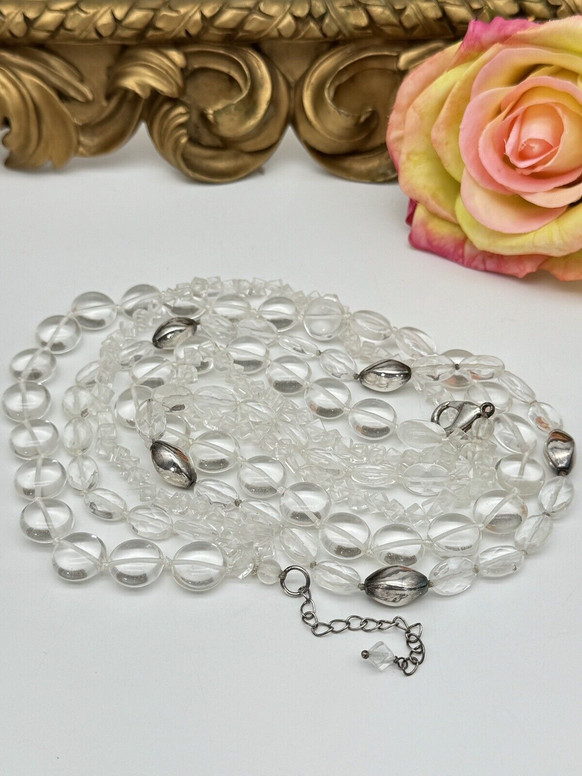 VTG 3 Strand Clear Glass Pool Of Light STYLE  Silvertone Accent Beads 18” + 2”