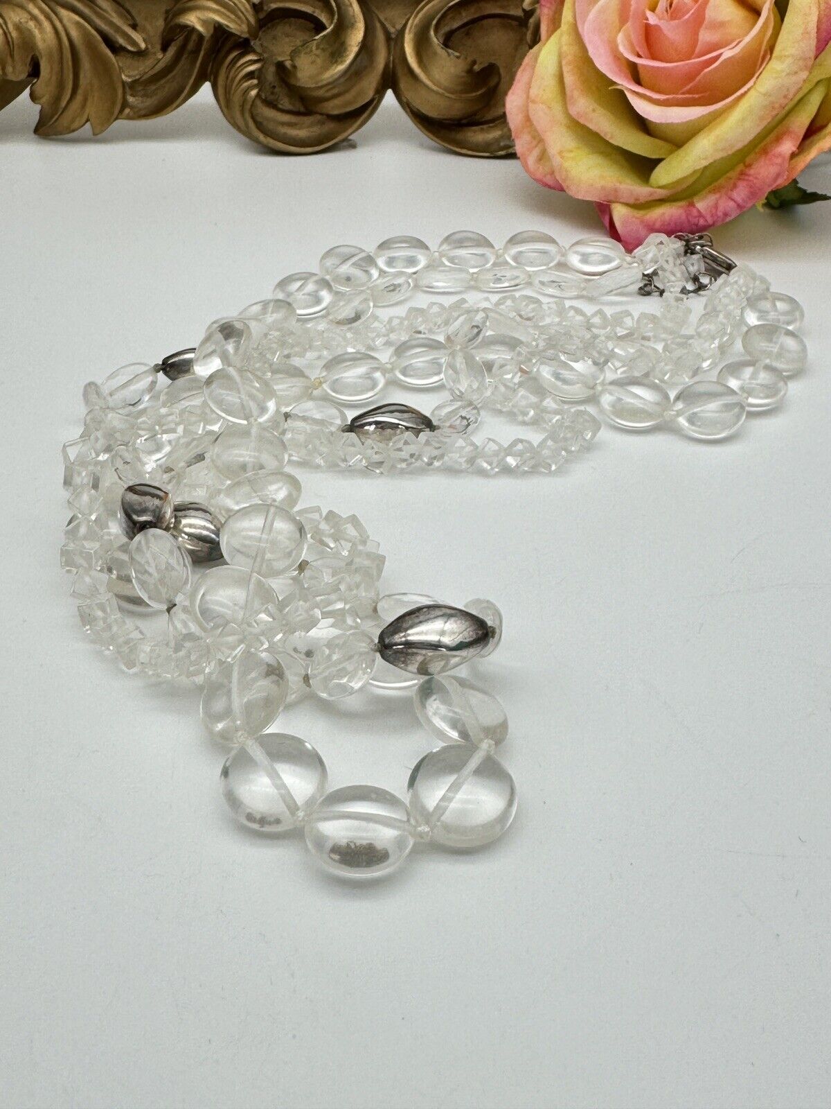 VTG 3 Strand Clear Glass Pool Of Light STYLE  Silvertone Accent Beads 18” + 2”