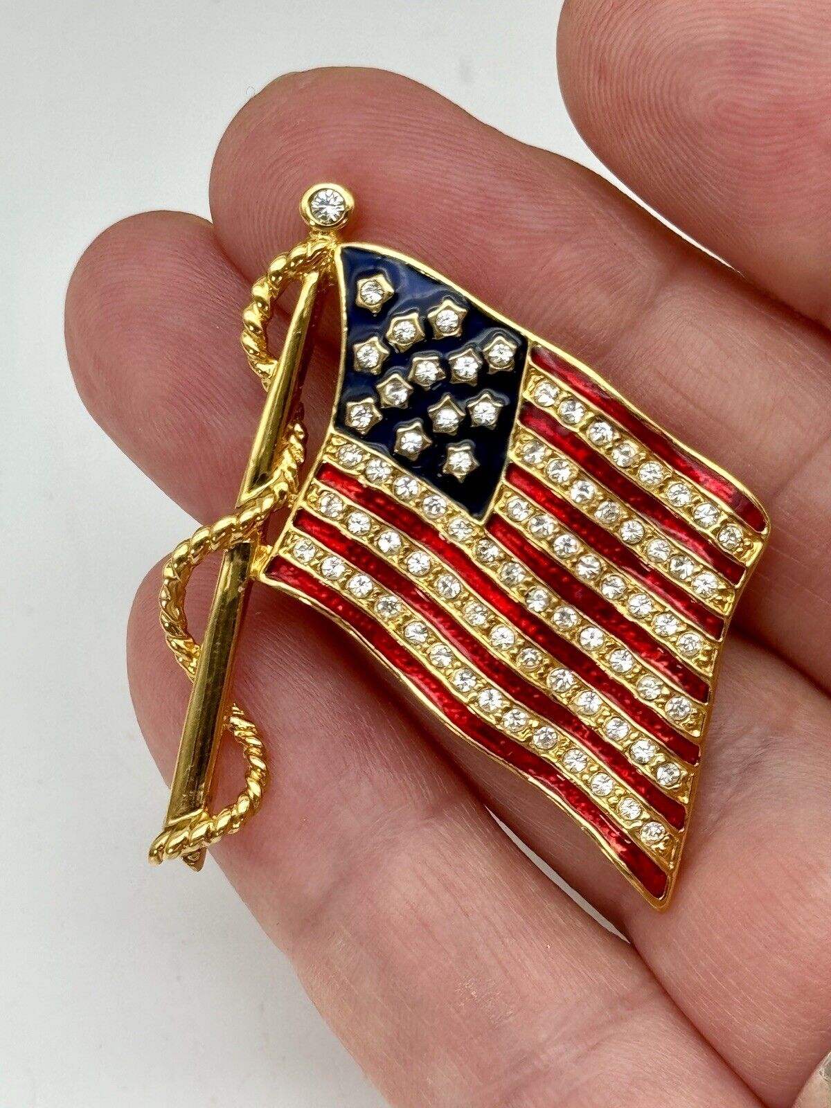 Signed Jackie Kennedy JBK American Flag Brooch Red White Blue Vintage