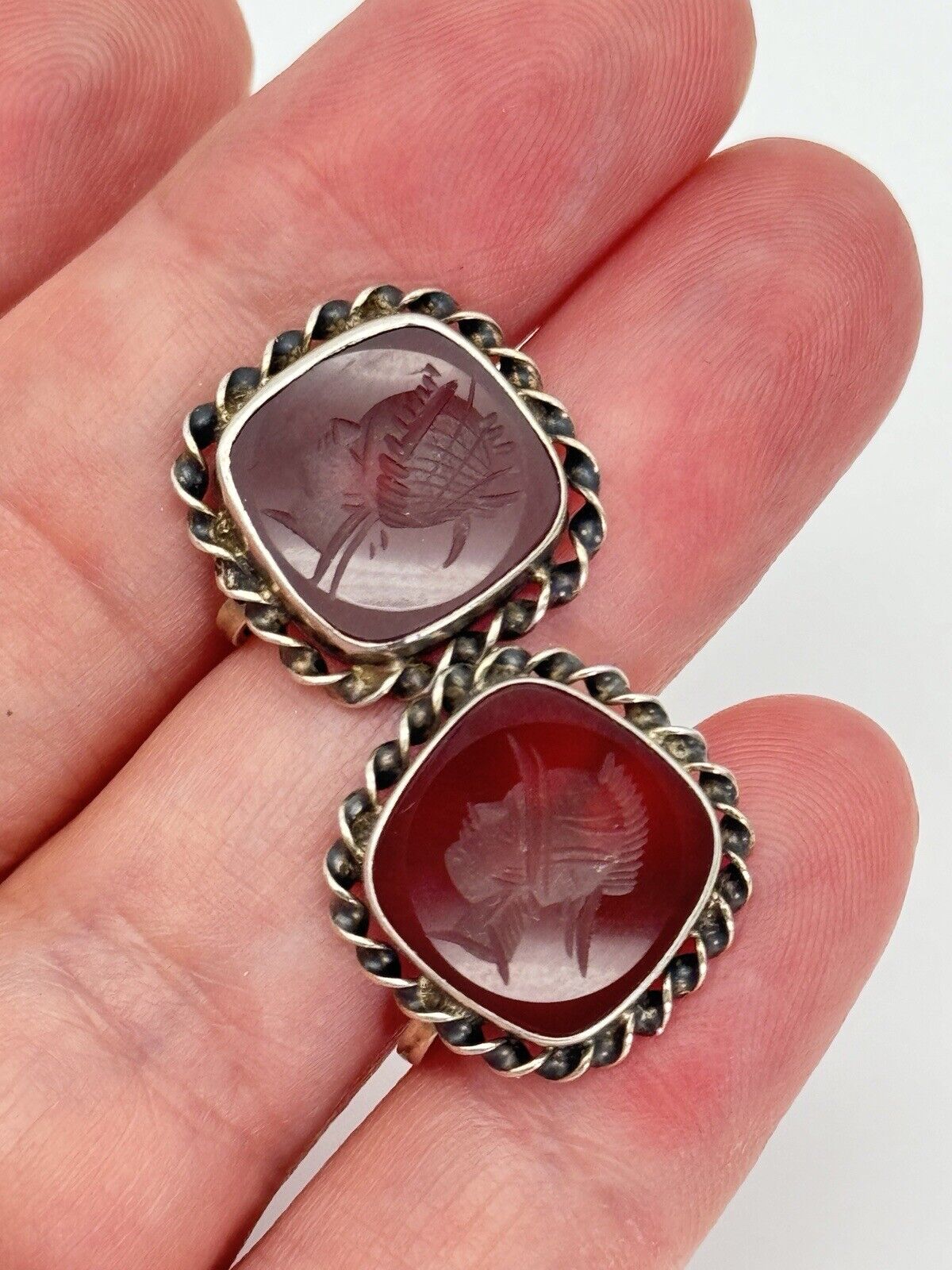 Sterling Silver Intaglio Earrings Carnelian Rope Style Frame Vintage