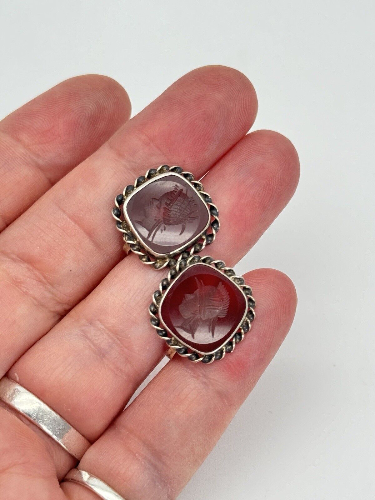 Sterling Silver Intaglio Earrings Carnelian Rope Style Frame Vintage