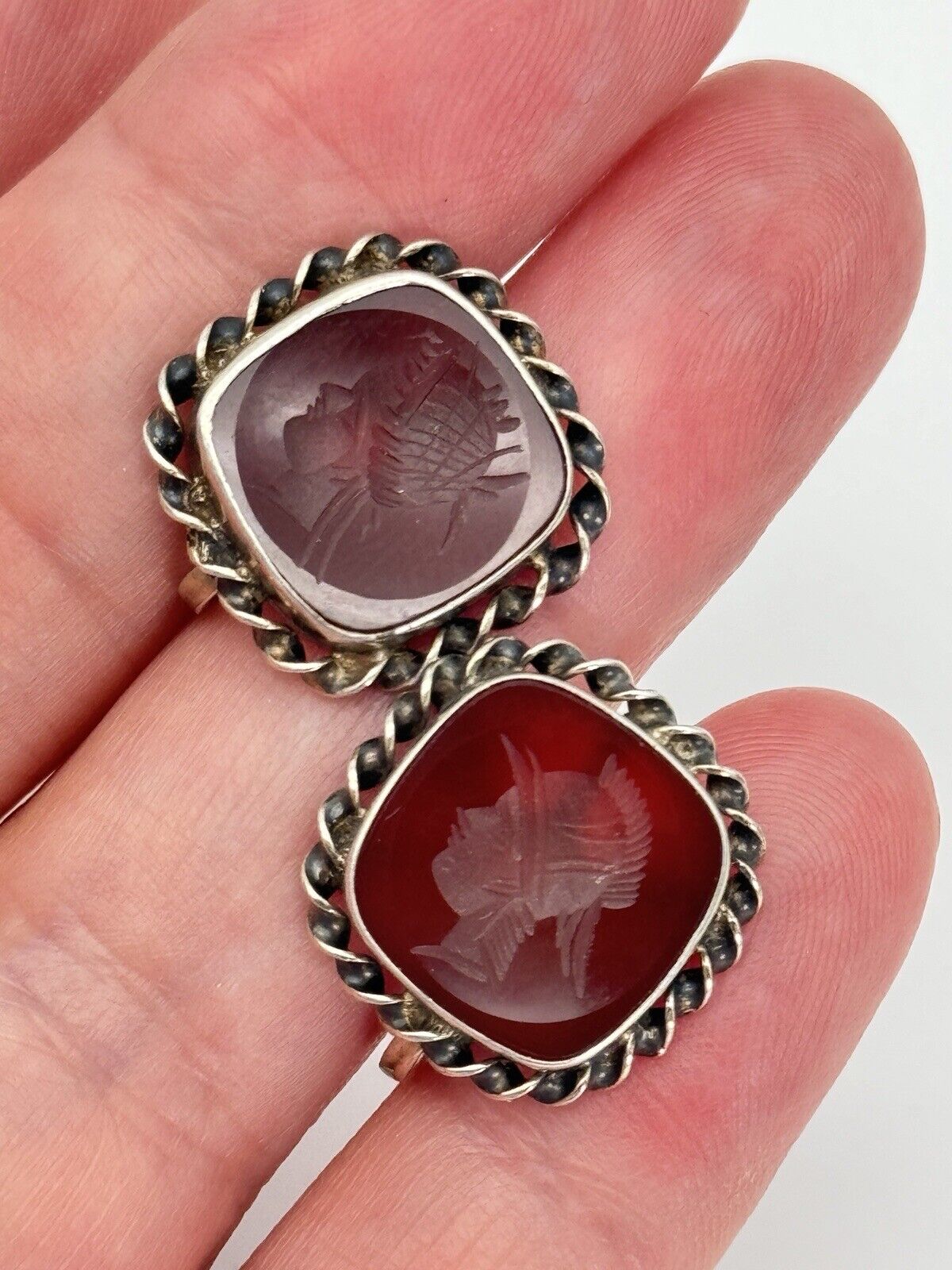 Sterling Silver Intaglio Earrings Carnelian Rope Style Frame Vintage