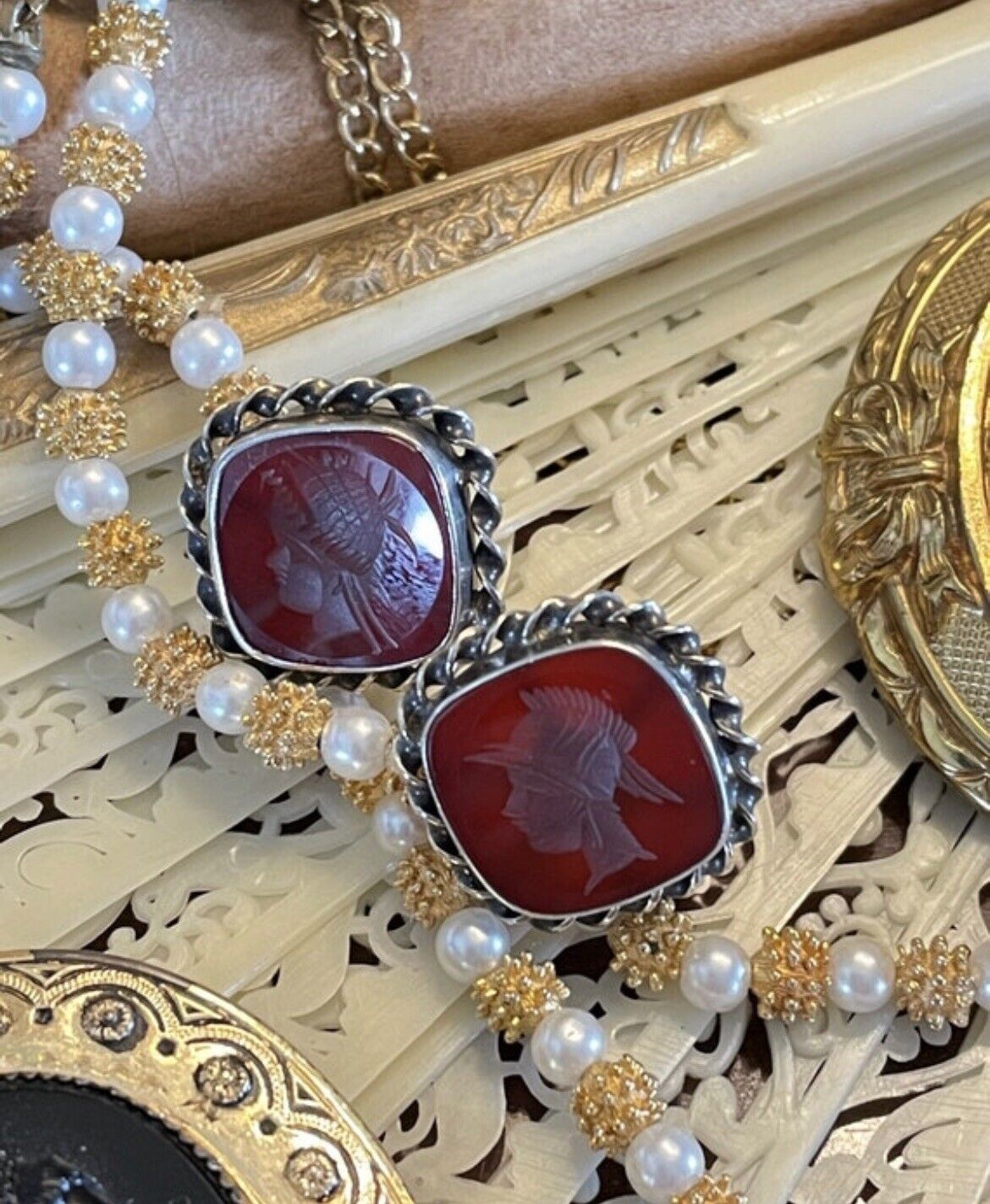 Sterling Silver Intaglio Earrings Carnelian Rope Style Frame Vintage