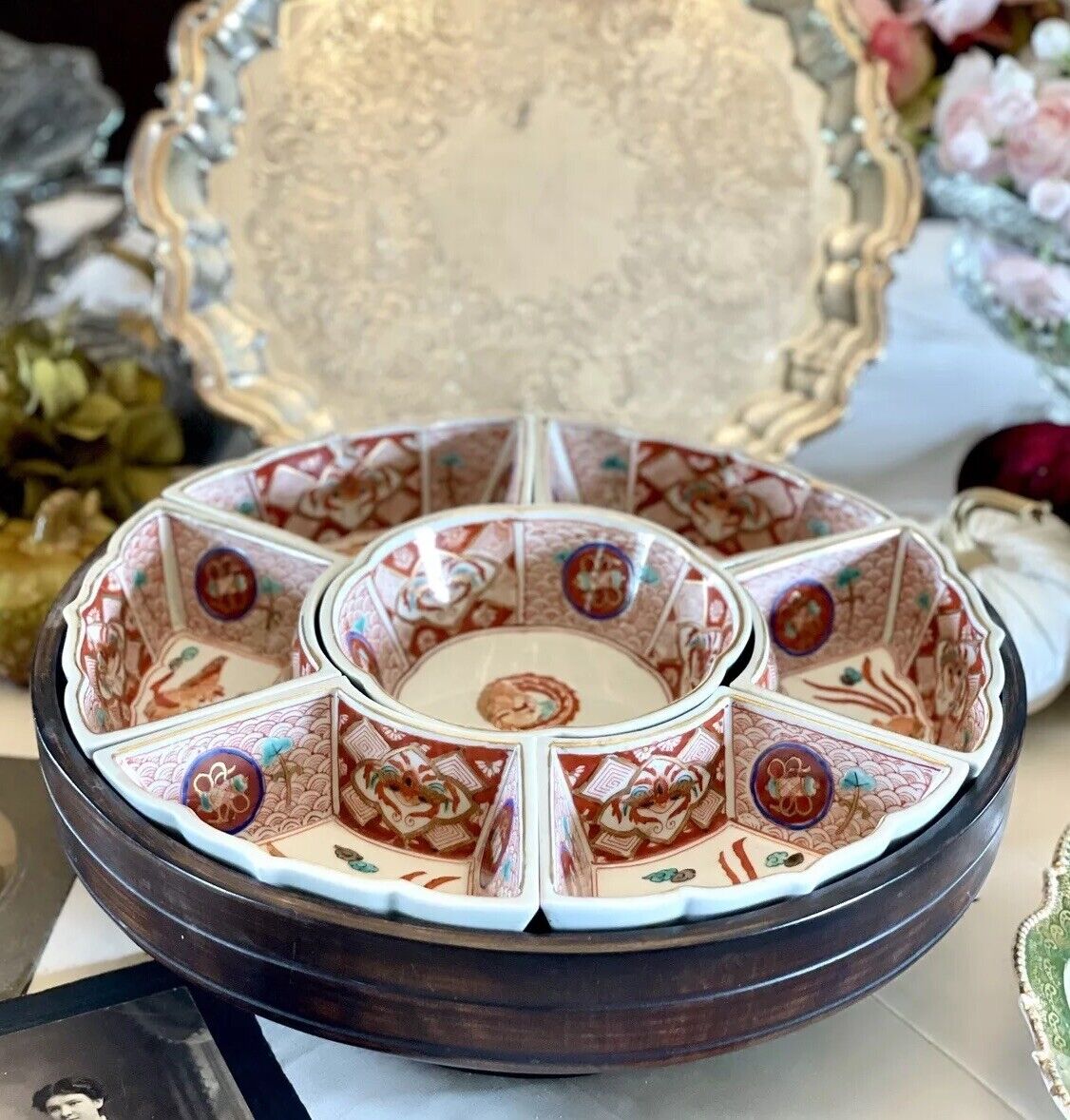 RARE Vintage IMARI Lazy Susan Red Phoenix Hand Painted EXQUISITE JAPAN