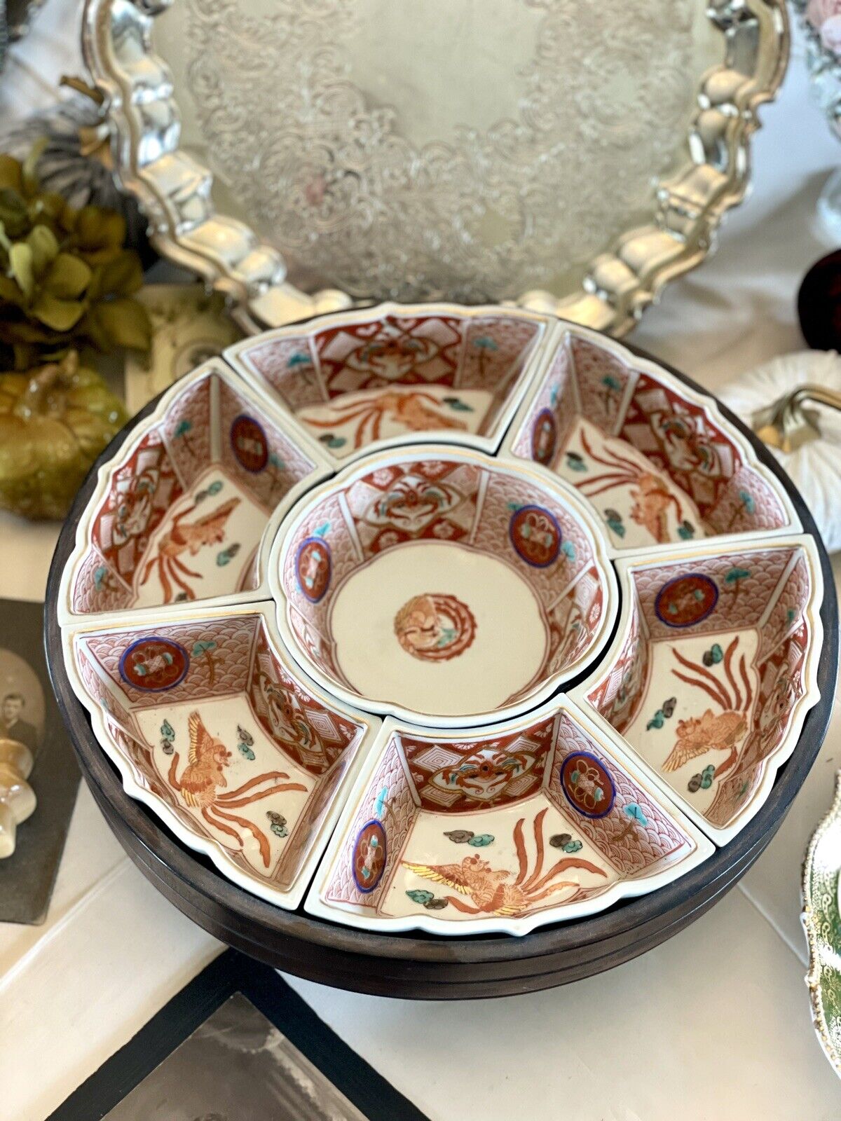 RARE Vintage IMARI Lazy Susan Red Phoenix Hand Painted EXQUISITE JAPAN