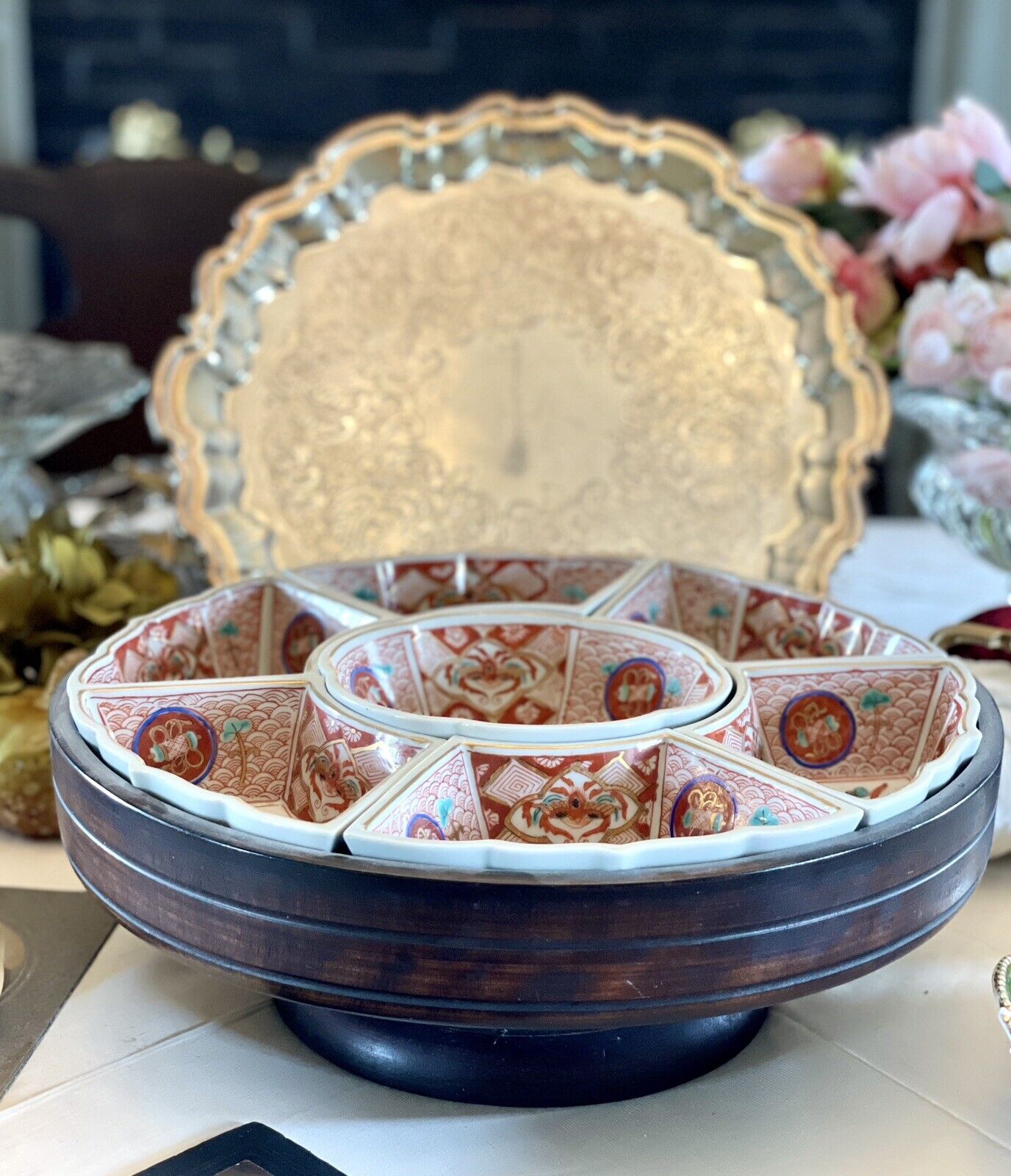 RARE Vintage IMARI Lazy Susan Red Phoenix Hand Painted EXQUISITE JAPAN