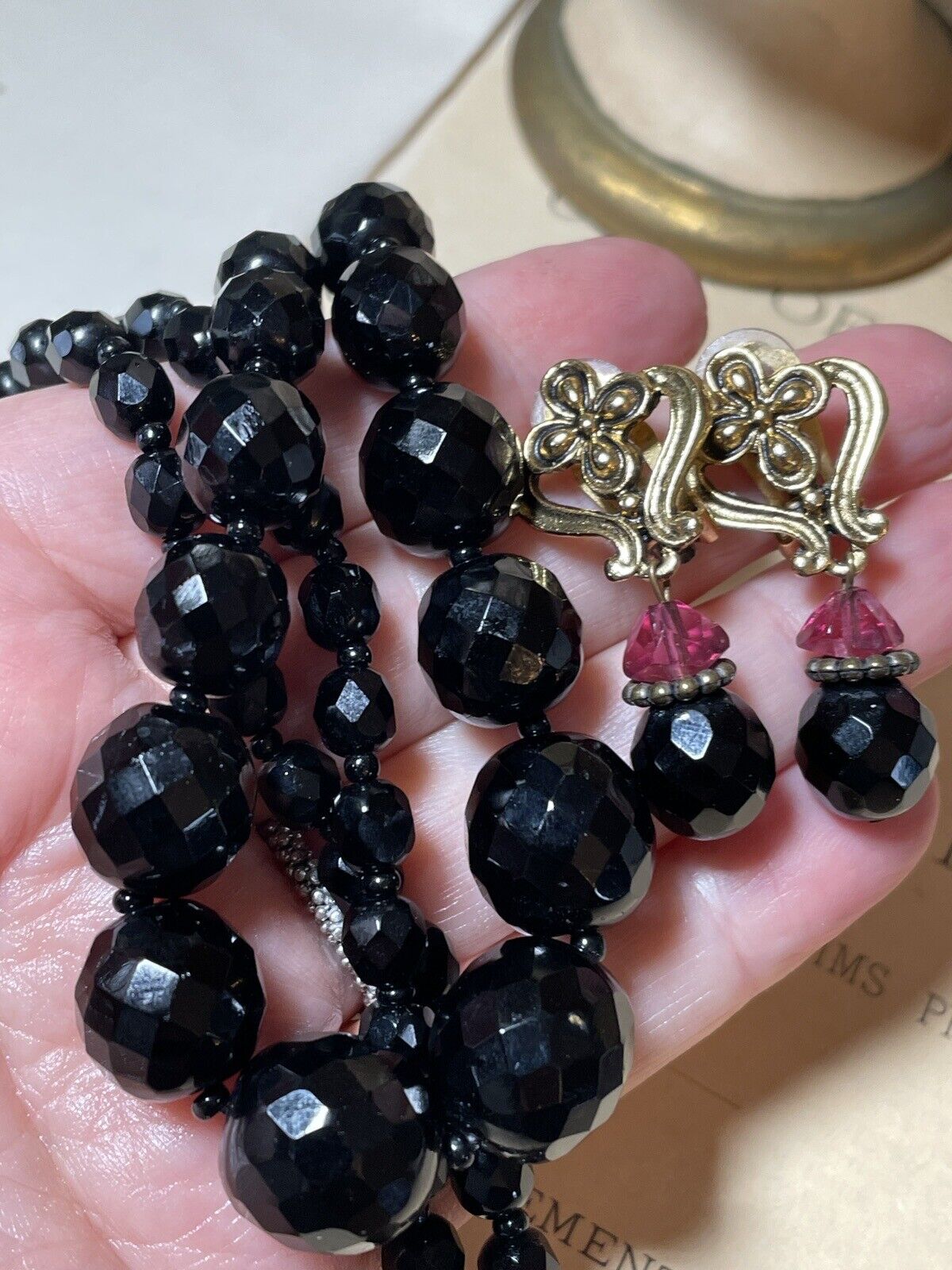 Vintage Black Jet Glass Necklace 29” With Drop Clip On Earrings