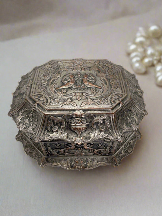 Antique Silverplate Webster & Son Repoussé Jewelry Box Cupid’s Floral Design