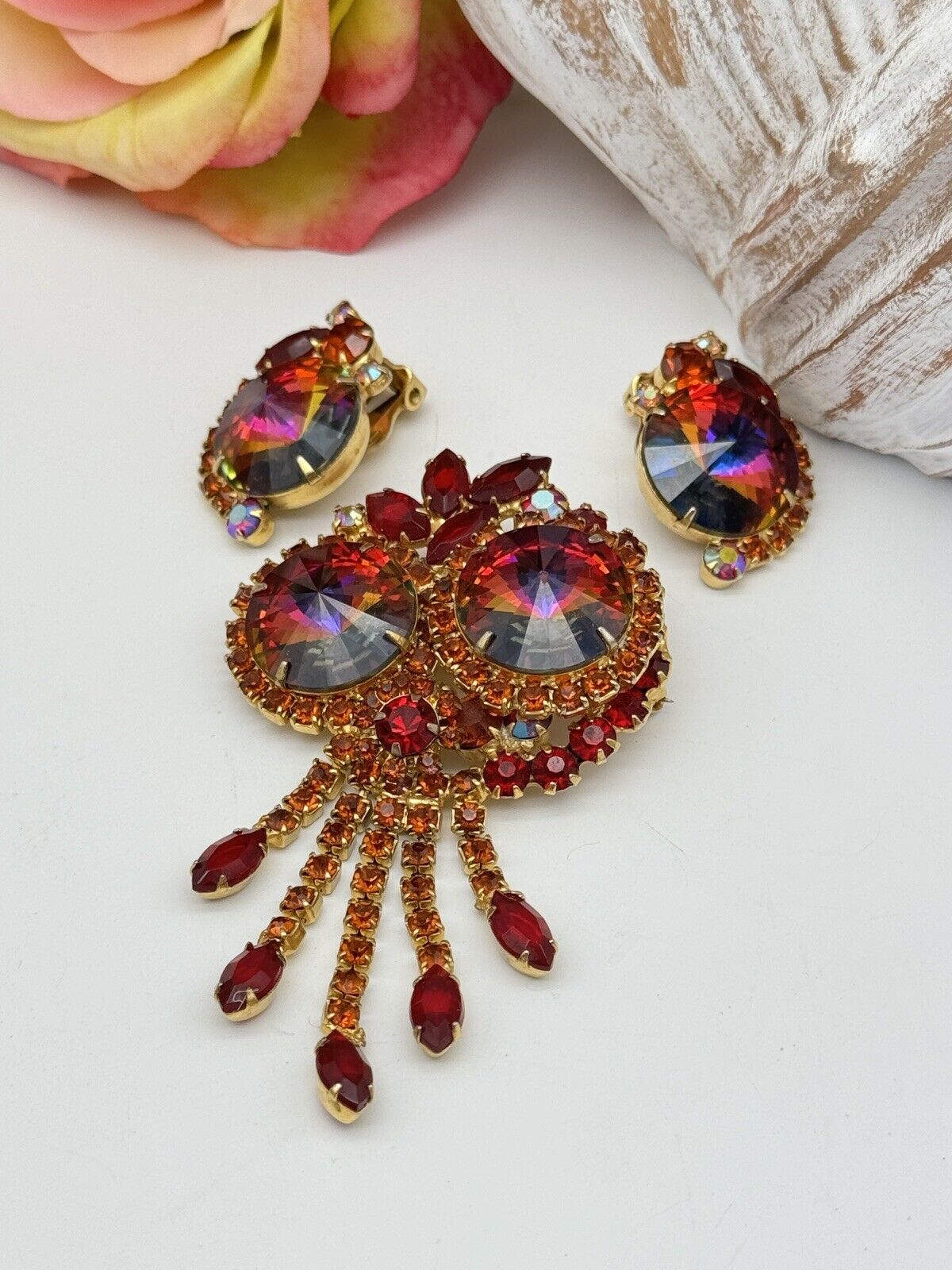 D&E JULIANA Tiered Dangler Brooch Pendant Earring Set RIVOLI RAINBOW