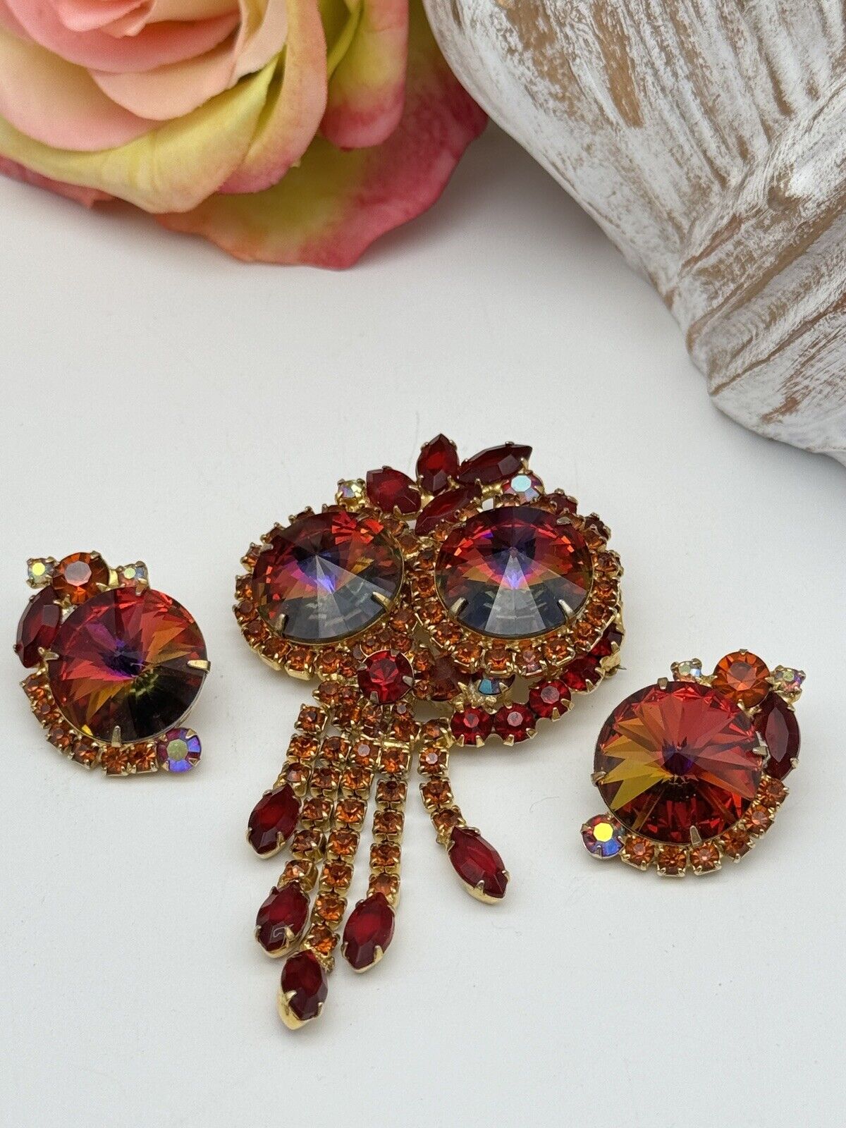 D&E JULIANA Tiered Dangler Brooch Pendant Earring Set RIVOLI RAINBOW