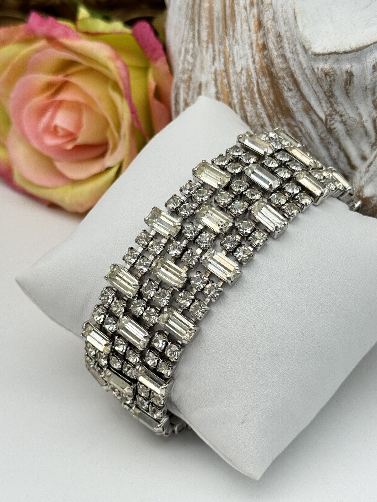 Vintage WIDE Rhinestone Bracelet 3 Row Clear 1950-60s Estate Find 7.5”l