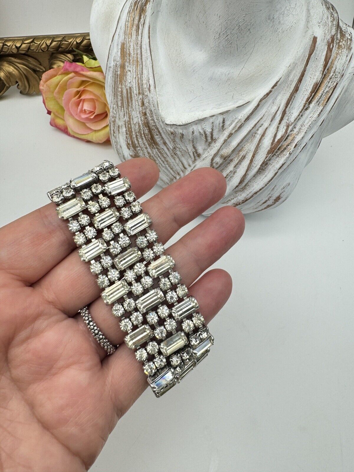 Vintage WIDE Rhinestone Bracelet 3 Row Clear 1950-60s Estate Find 7.5”l