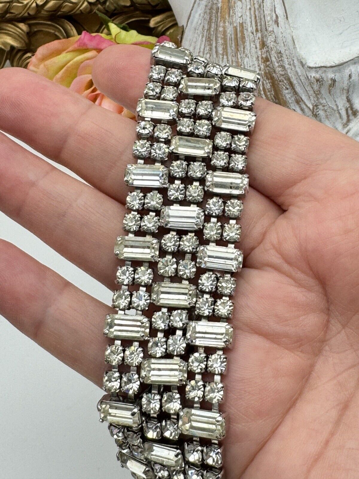 Vintage WIDE Rhinestone Bracelet 3 Row Clear 1950-60s Estate Find 7.5”l