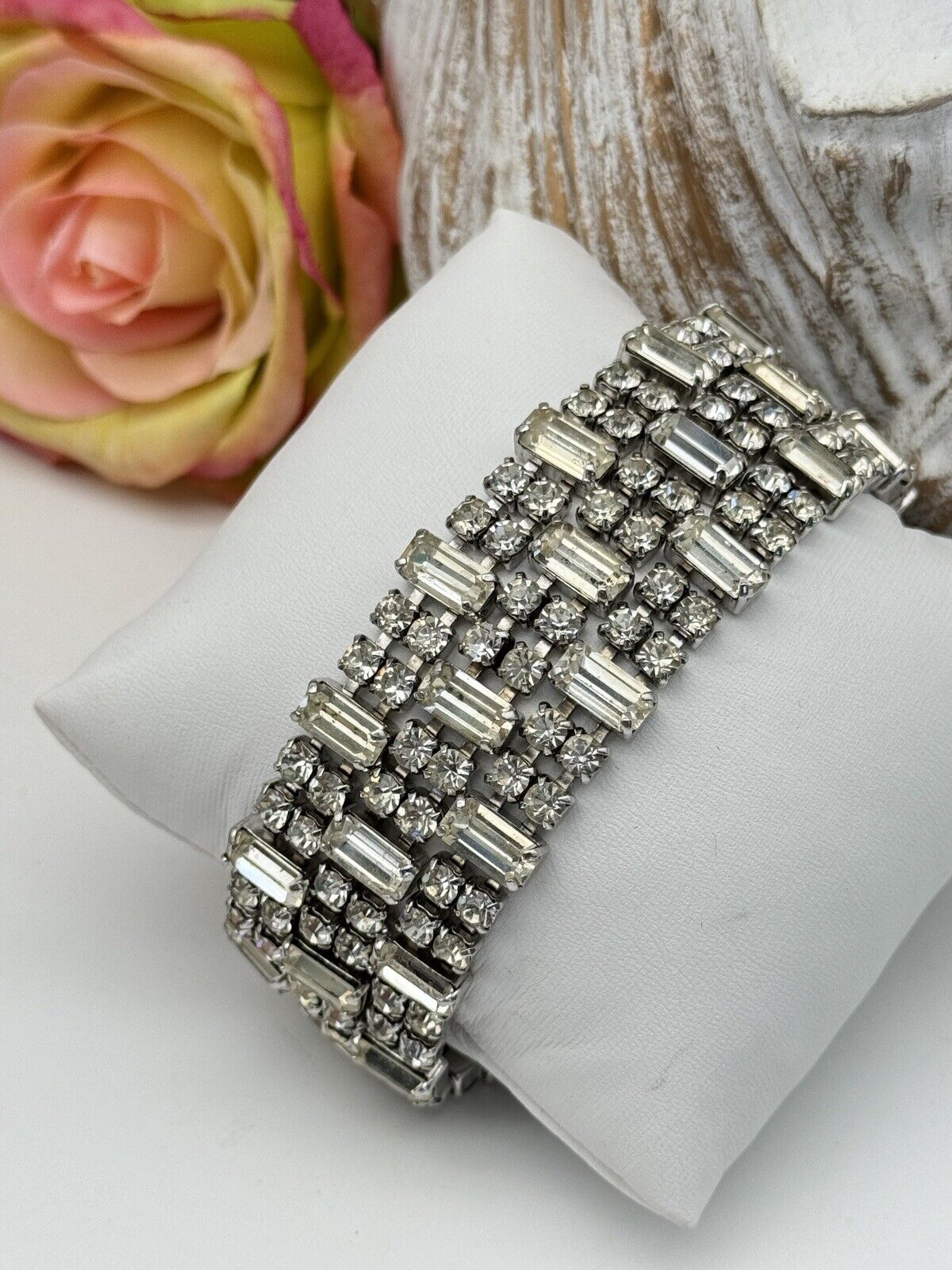 Vintage WIDE Rhinestone Bracelet 3 Row Clear 1950-60s Estate Find 7.5”l