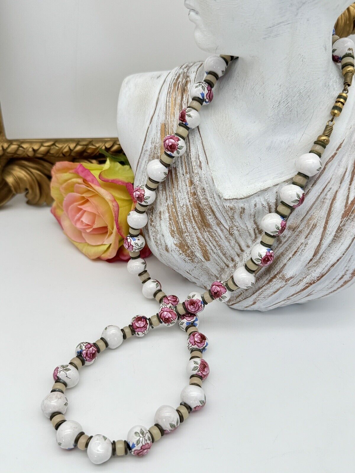 Vintage Painted Rose Porcelain Beads With Glass Necklace 27“ ESTATE FIND