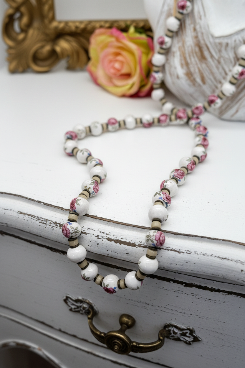 Vintage Necklace Painted Rose Porcelain Beads With Glass 27“ ESTATE FIND