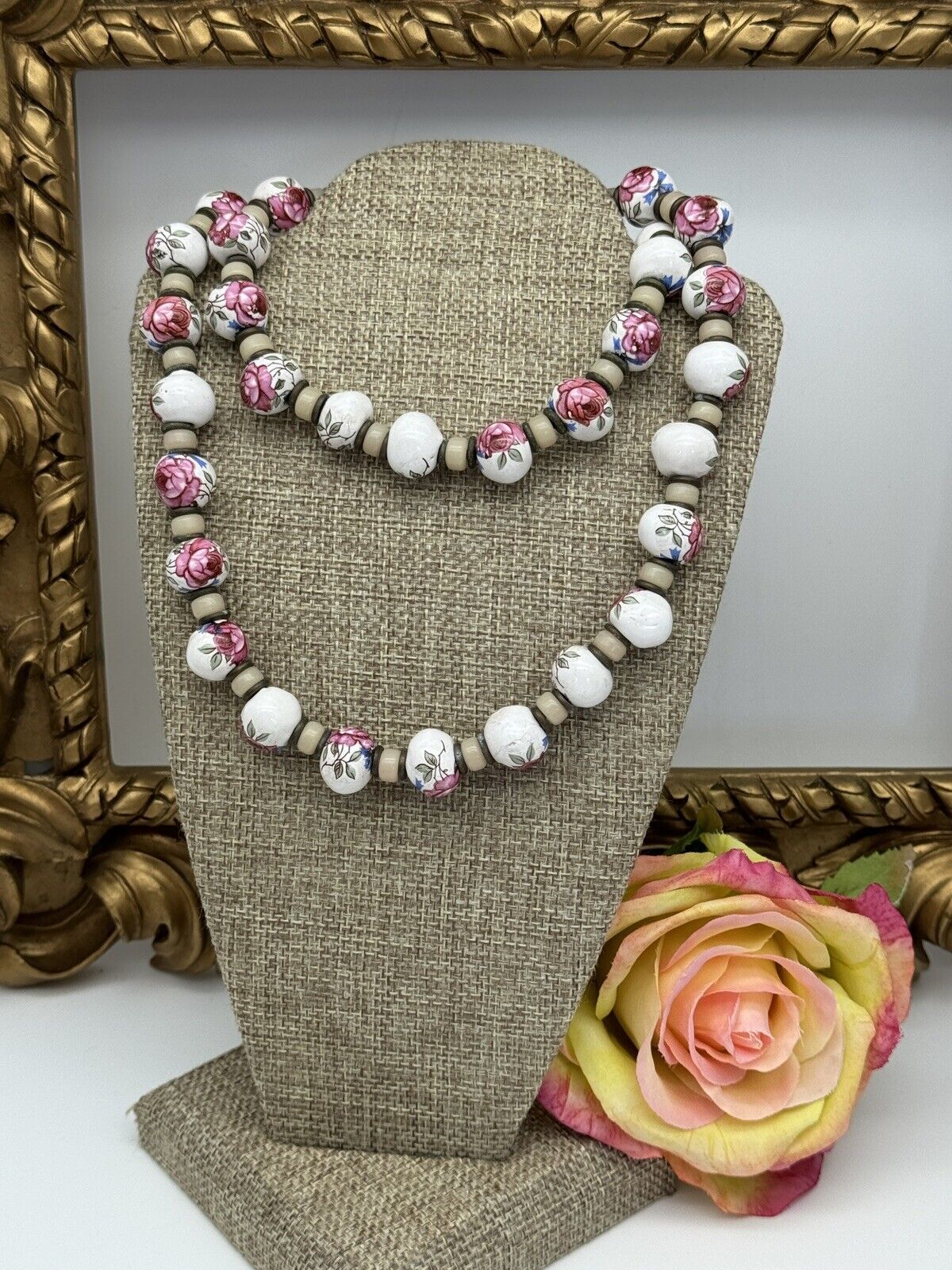 Vintage Painted Rose Porcelain Beads With Glass Necklace 27“ ESTATE FIND