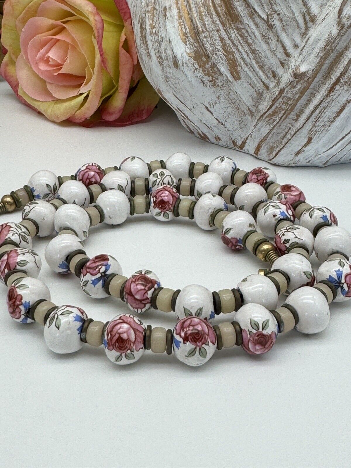 Vintage Painted Rose Porcelain Beads With Glass Necklace 27“ ESTATE FIND