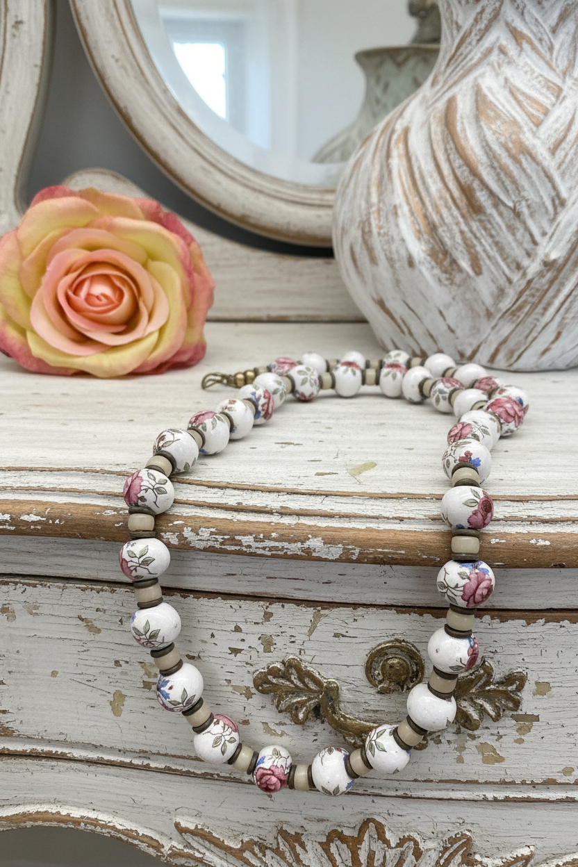 Vintage Necklace Painted Rose Porcelain Beads With Glass 27“ ESTATE FIND