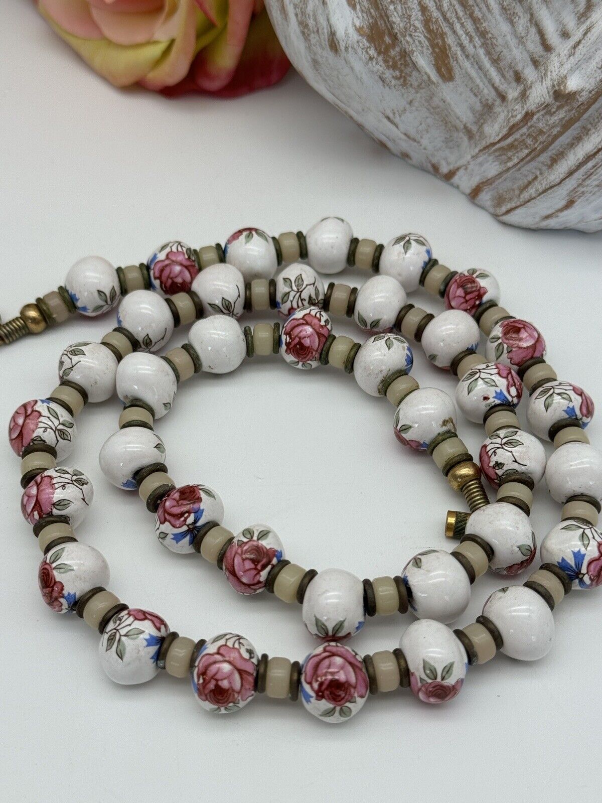 Vintage Painted Rose Porcelain Beads With Glass Necklace 27“ ESTATE FIND