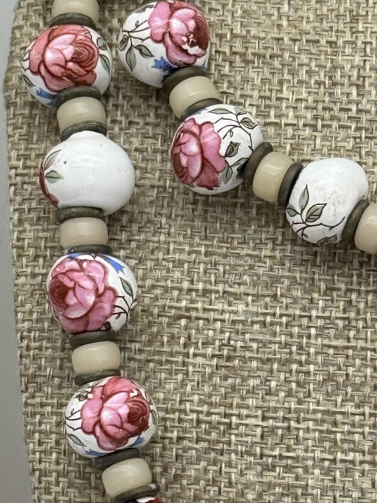 Vintage Painted Rose Porcelain Beads With Glass Necklace 27“ ESTATE FIND