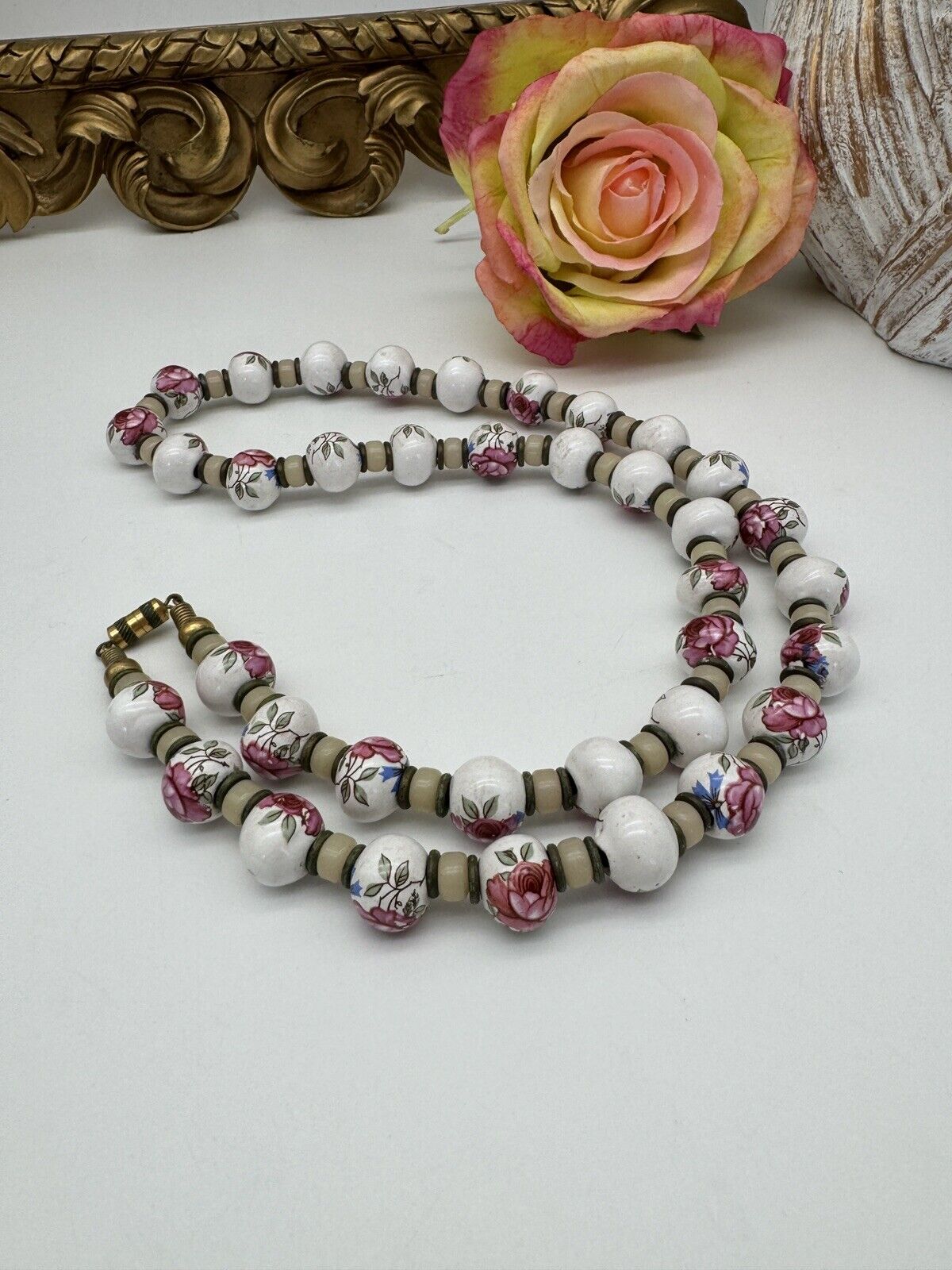 Vintage Painted Rose Porcelain Beads With Glass Necklace 27“ ESTATE FIND