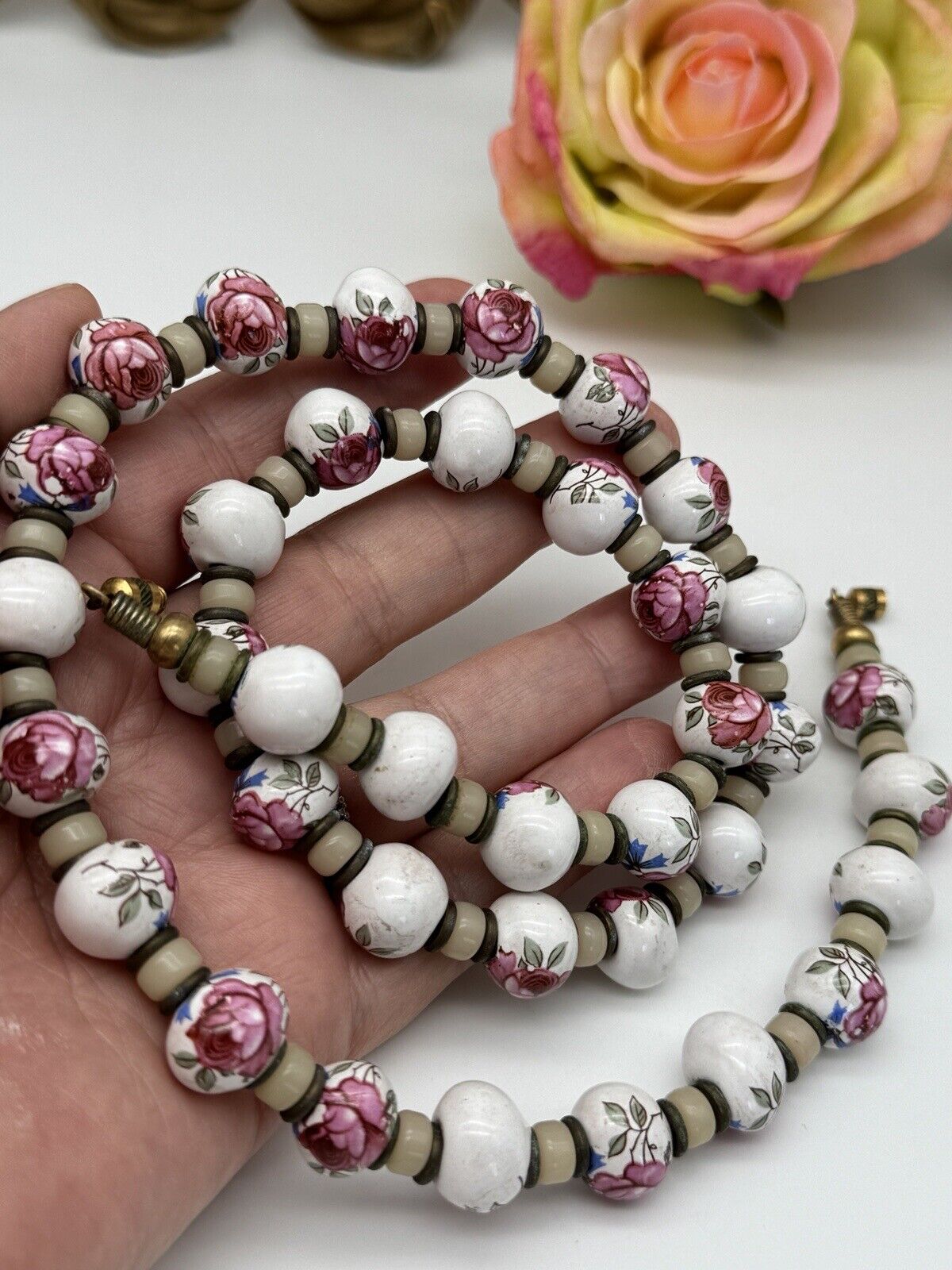 Vintage Painted Rose Porcelain Beads With Glass Necklace 27“ ESTATE FIND