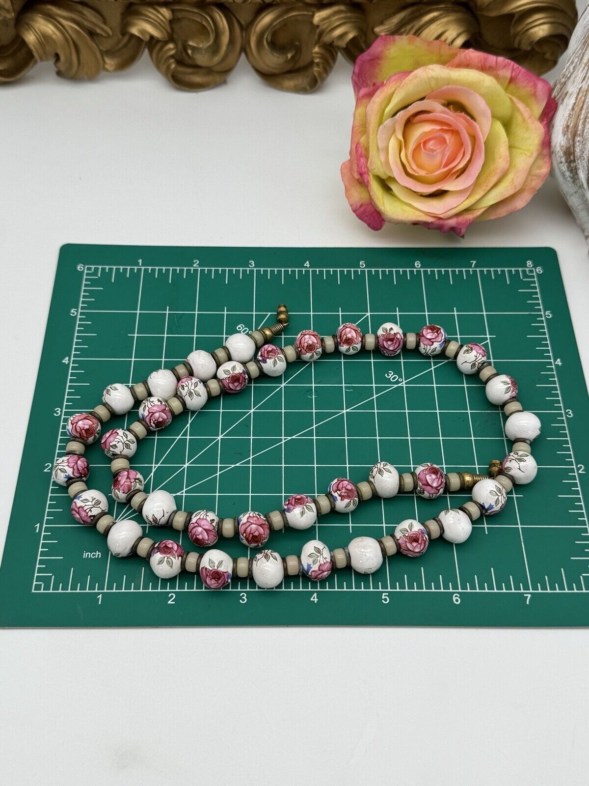 Vintage Painted Rose Porcelain Beads With Glass Necklace 27“ ESTATE FIND