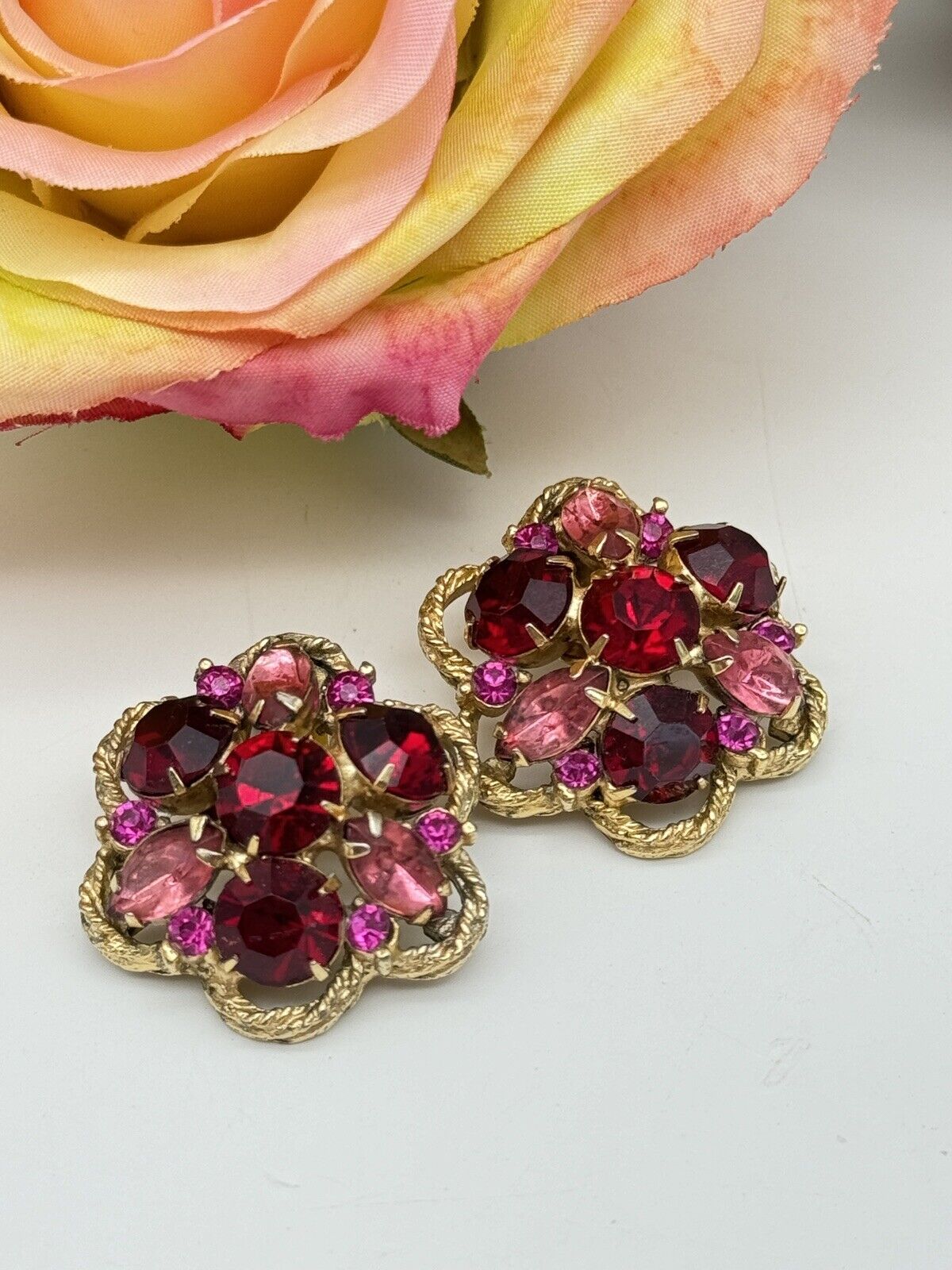 Pair Of SIGNED WEISS Rhinestone Earrings Pink Red Purple Flower Design