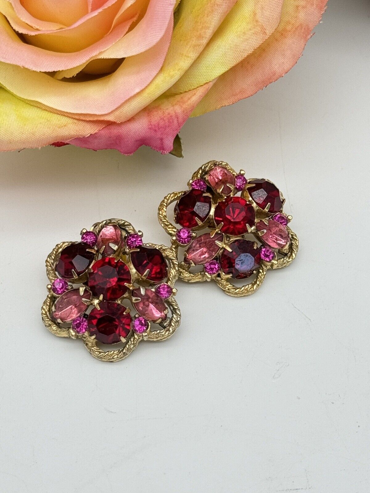 Pair Of SIGNED WEISS Rhinestone Earrings Pink Red Purple Flower Design