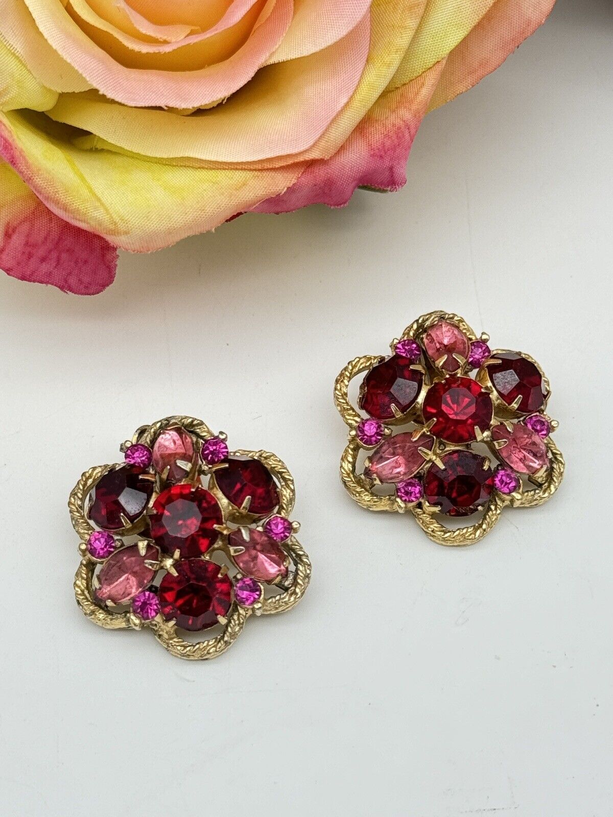 Pair Of SIGNED WEISS Rhinestone Earrings Pink Red Purple Flower Design